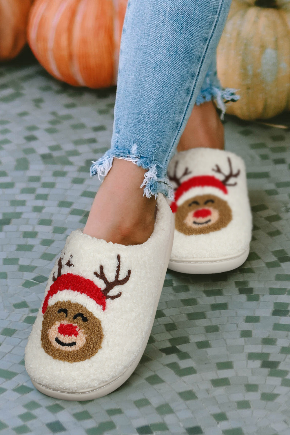 White Christmas Deer Home Indoor Plush Slippers-Shoes & Bags/Slippers-[Adult]-[Female]-2022 Online Blue Zone Planet