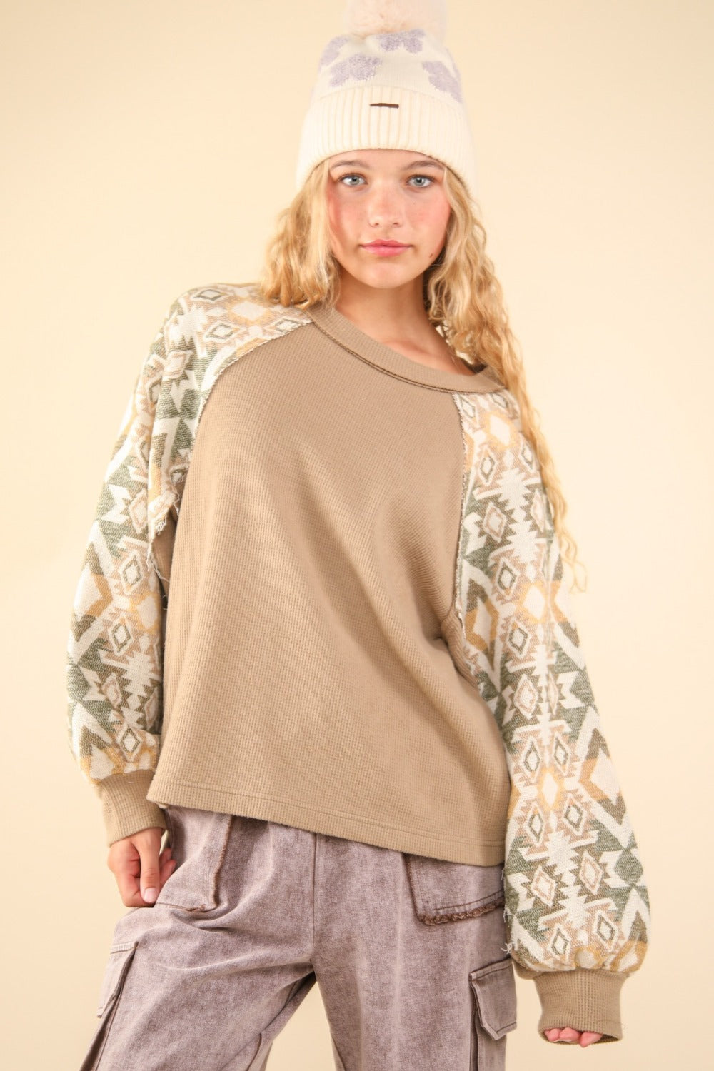 VERY J Printed Long Sleeve Round Neck Knit Top-TOPS / DRESSES-[Adult]-[Female]-Taupe-S-2022 Online Blue Zone Planet