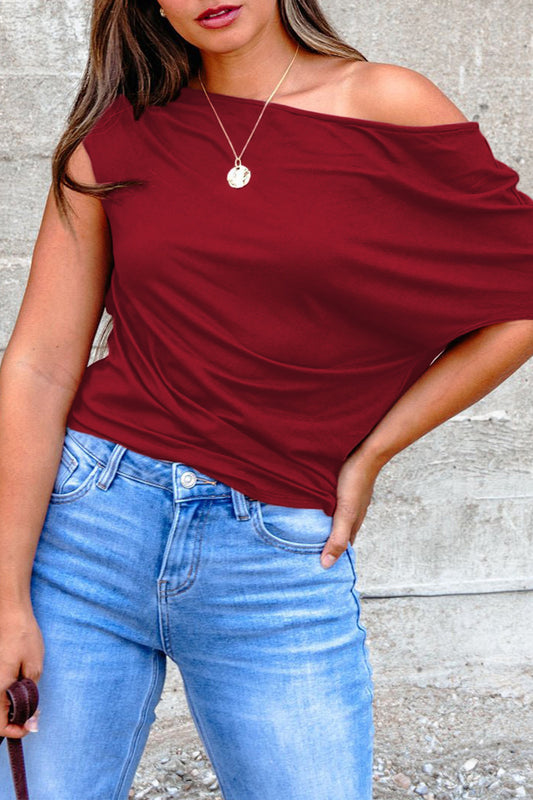 Burgundy Plus Size Solid Color Asymmetric Neck Short Sleeve Blouse-Plus Size/Plus Size Tops/Plus Size Tops & Tees-[Adult]-[Female]-Burgundy-L-2022 Online Blue Zone Planet