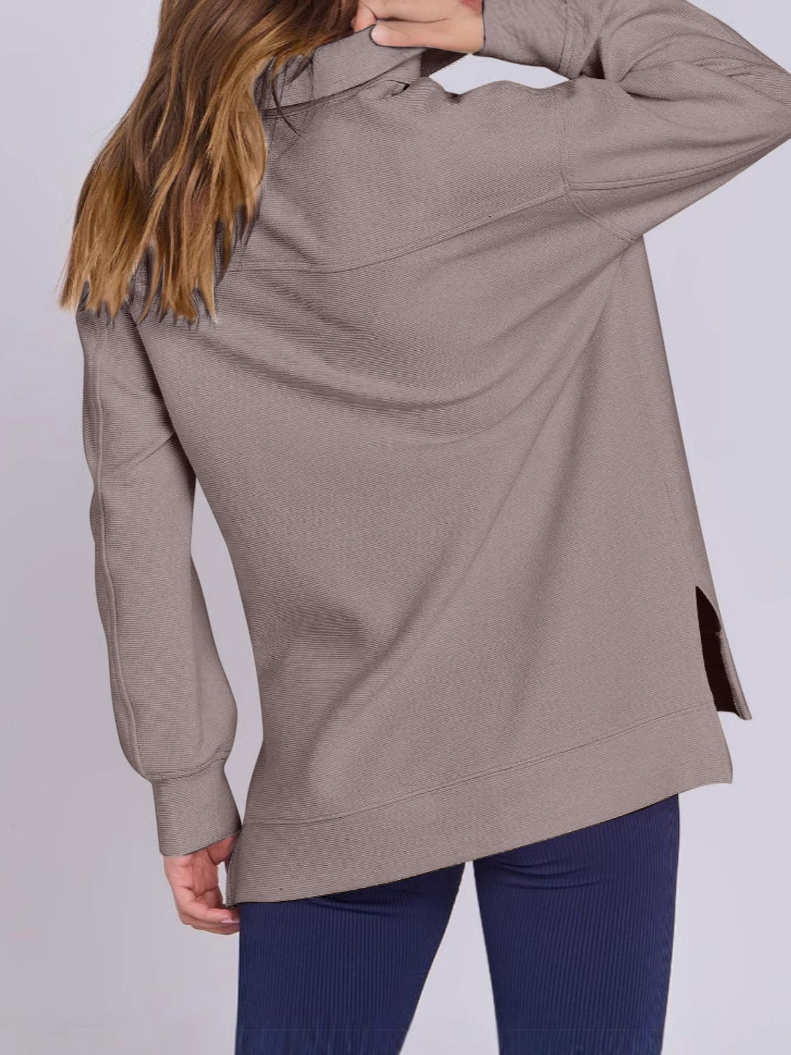 Blue Zone Planet | ฺHigh-Low Quarter Zip Long Sleeve Sweatshirt-TOPS / DRESSES-[Adult]-[Female]-2022 Online Blue Zone Planet