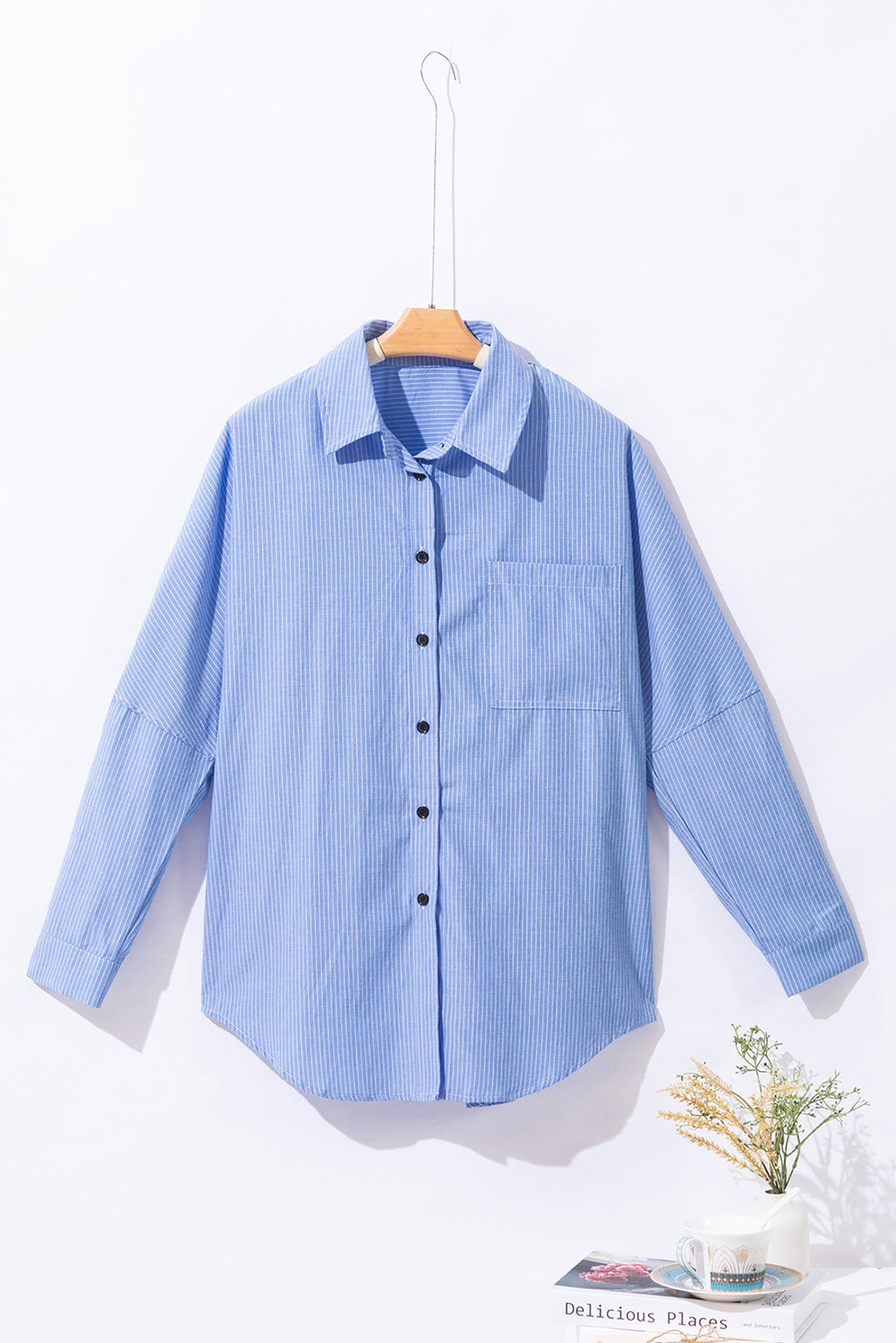 Striped Collared Neck Long Sleeve Shirt-TOPS / DRESSES-[Adult]-[Female]-2022 Online Blue Zone Planet