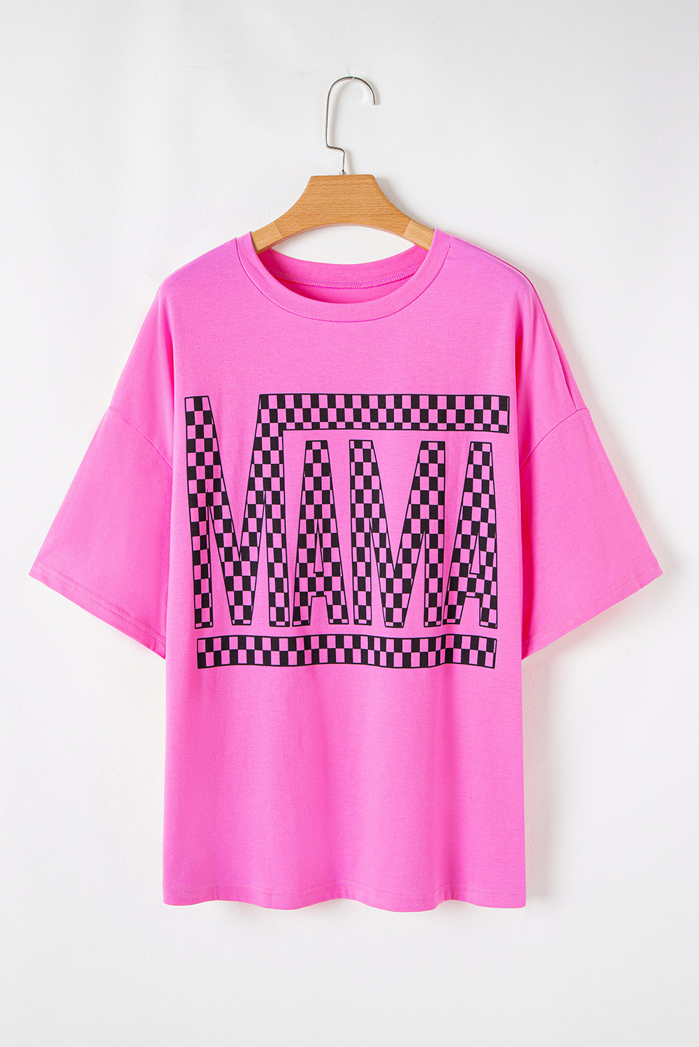 Bright Pink Checkered MAMA Letter Print Plus Size T Shirt-Plus Size Tops-[Adult]-[Female]-2022 Online Blue Zone Planet
