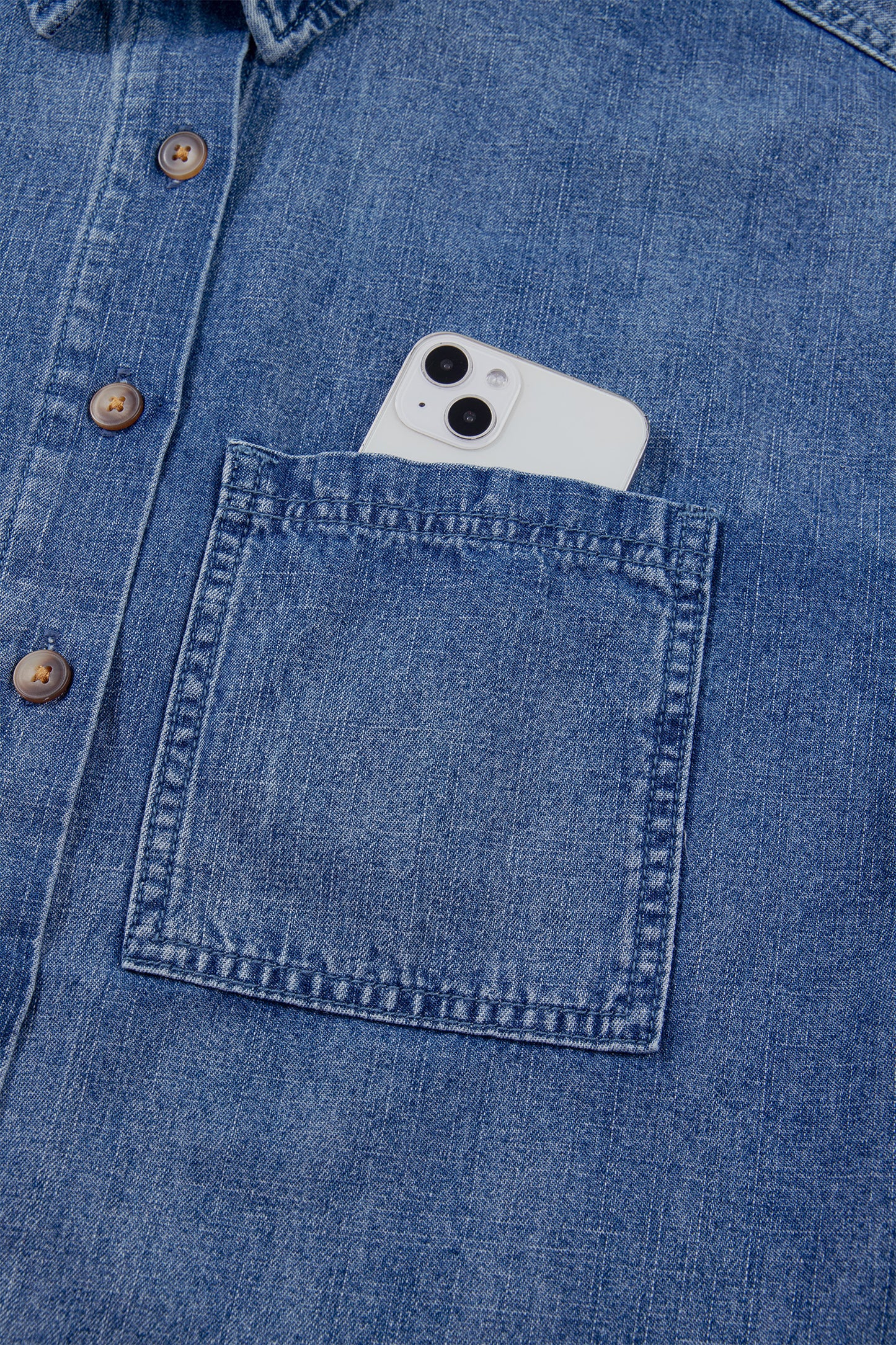 Dusk Blue Three Quarter Sleeve Button Front Loose Denim Shirt-Tops/Blouses & Shirts-[Adult]-[Female]-2022 Online Blue Zone Planet