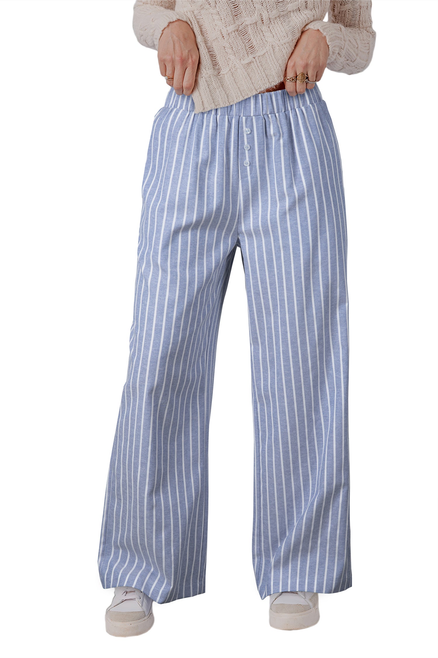 Sky Blue Stripe Buttoned Detail Loose Casual Pants-Bottoms/Pants & Culotte-[Adult]-[Female]-2022 Online Blue Zone Planet