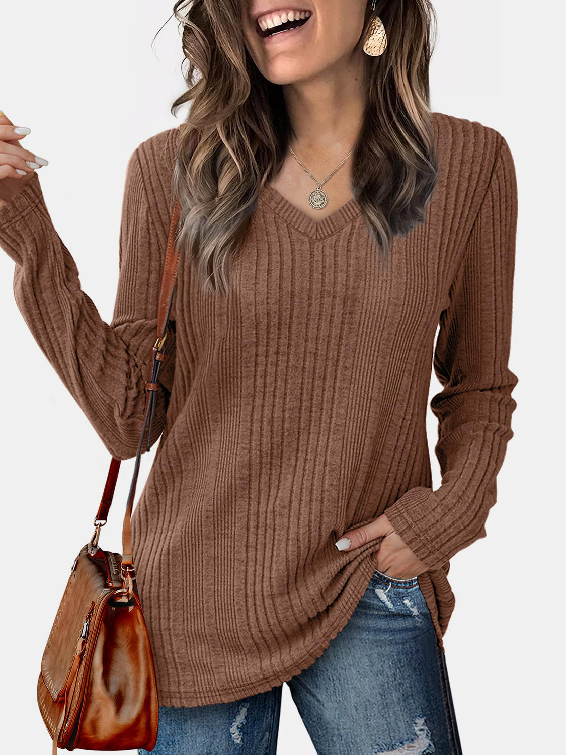 V-Neck Long Sleeve T-Shirt-TOPS / DRESSES-[Adult]-[Female]-Brown-S-2022 Online Blue Zone Planet