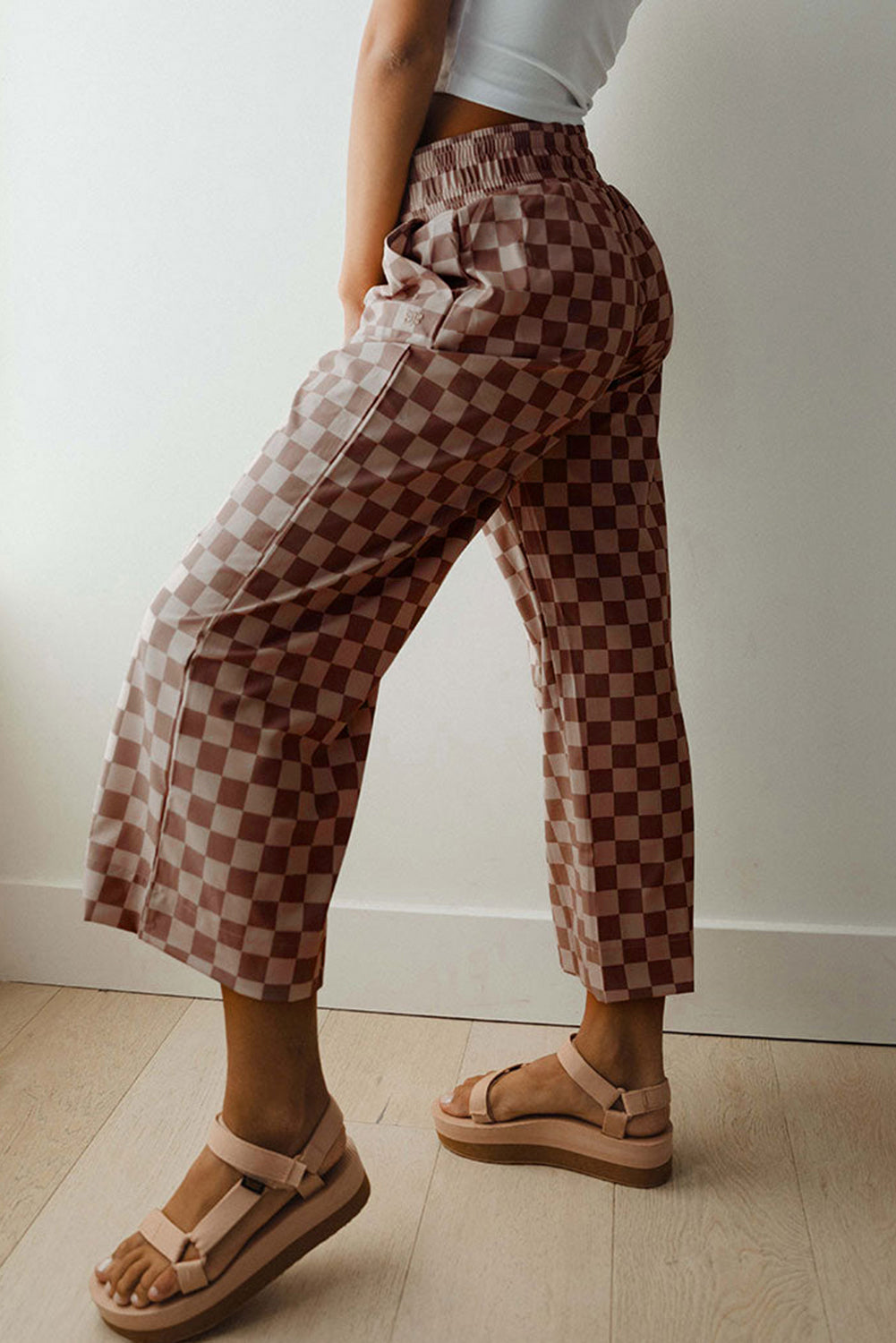 Khaki Checkered Elastic High Waist Loose Casual Pants-Bottoms/Pants & Culotte-[Adult]-[Female]-2022 Online Blue Zone Planet