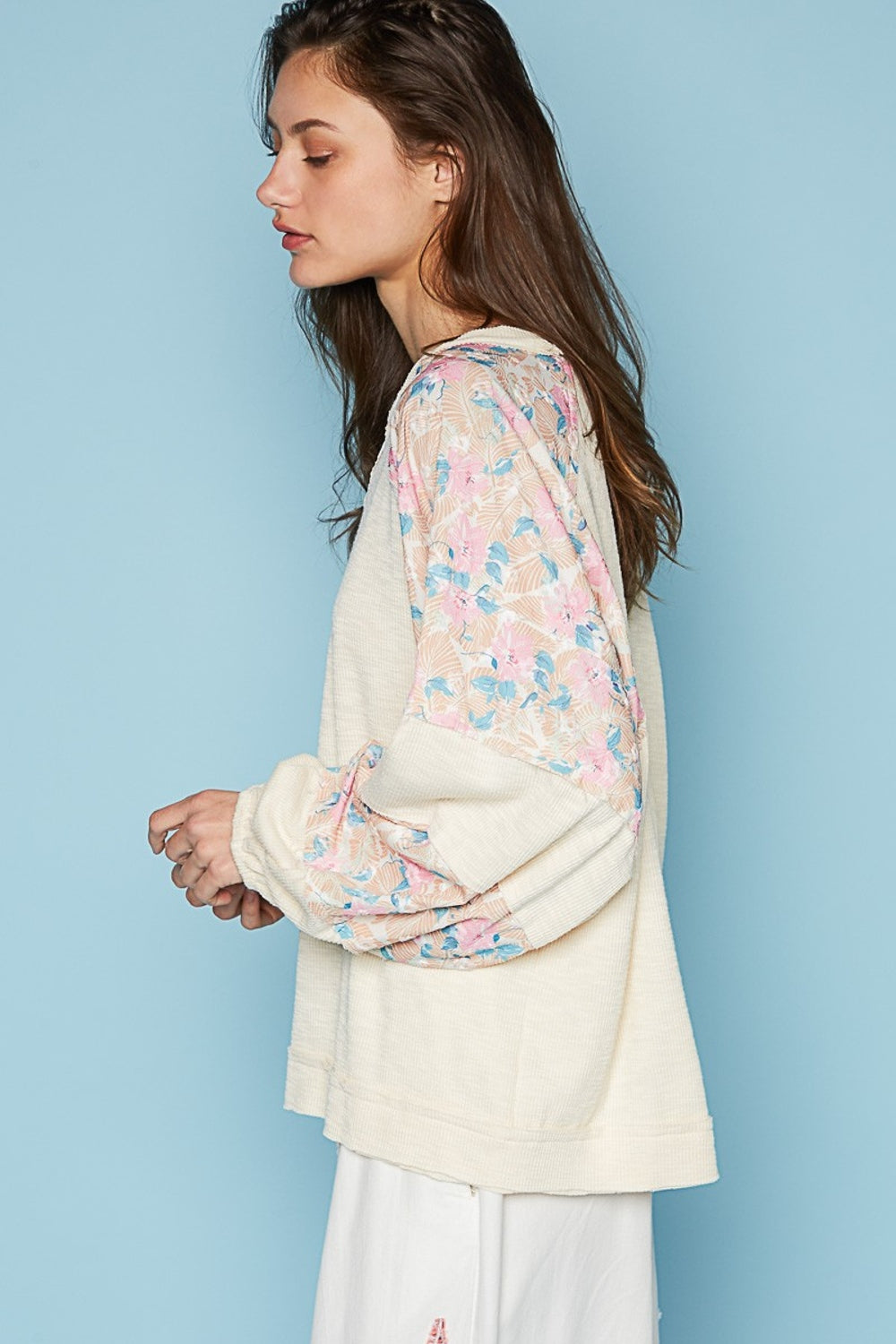 POL Round Neck Balloon Floral Long Sleeve Top-TOPS / DRESSES-[Adult]-[Female]-2022 Online Blue Zone Planet