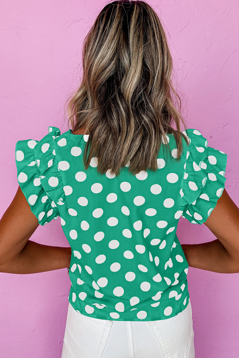 Green Polka Dot Print Ruffled Sleeve V Neck Blouse-Tops/Blouses & Shirts-[Adult]-[Female]-2022 Online Blue Zone Planet