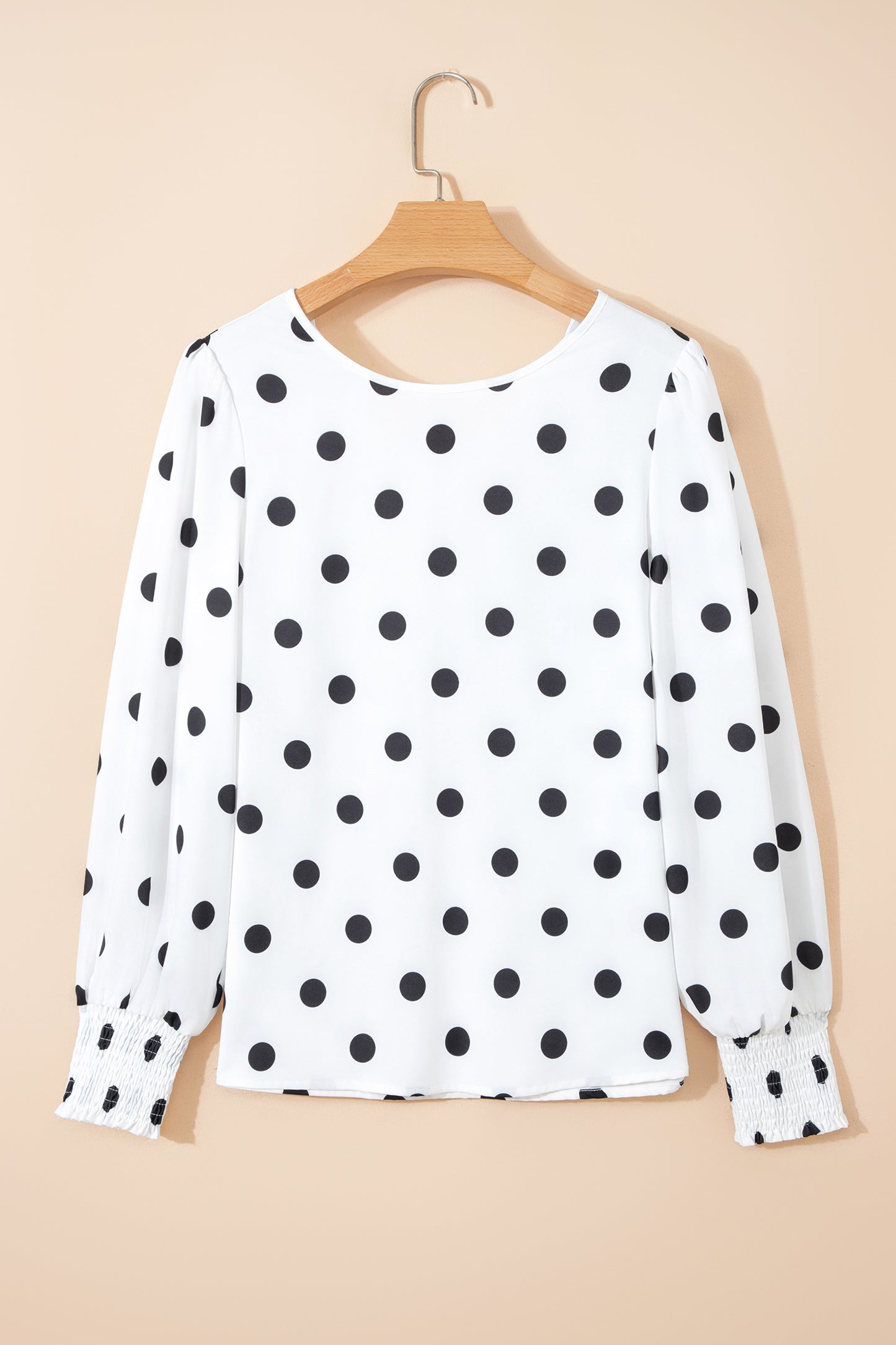 White Polka Dot Print Round Neck Frilled Long Sleeve Blouse-Tops/Blouses & Shirts-[Adult]-[Female]-2022 Online Blue Zone Planet