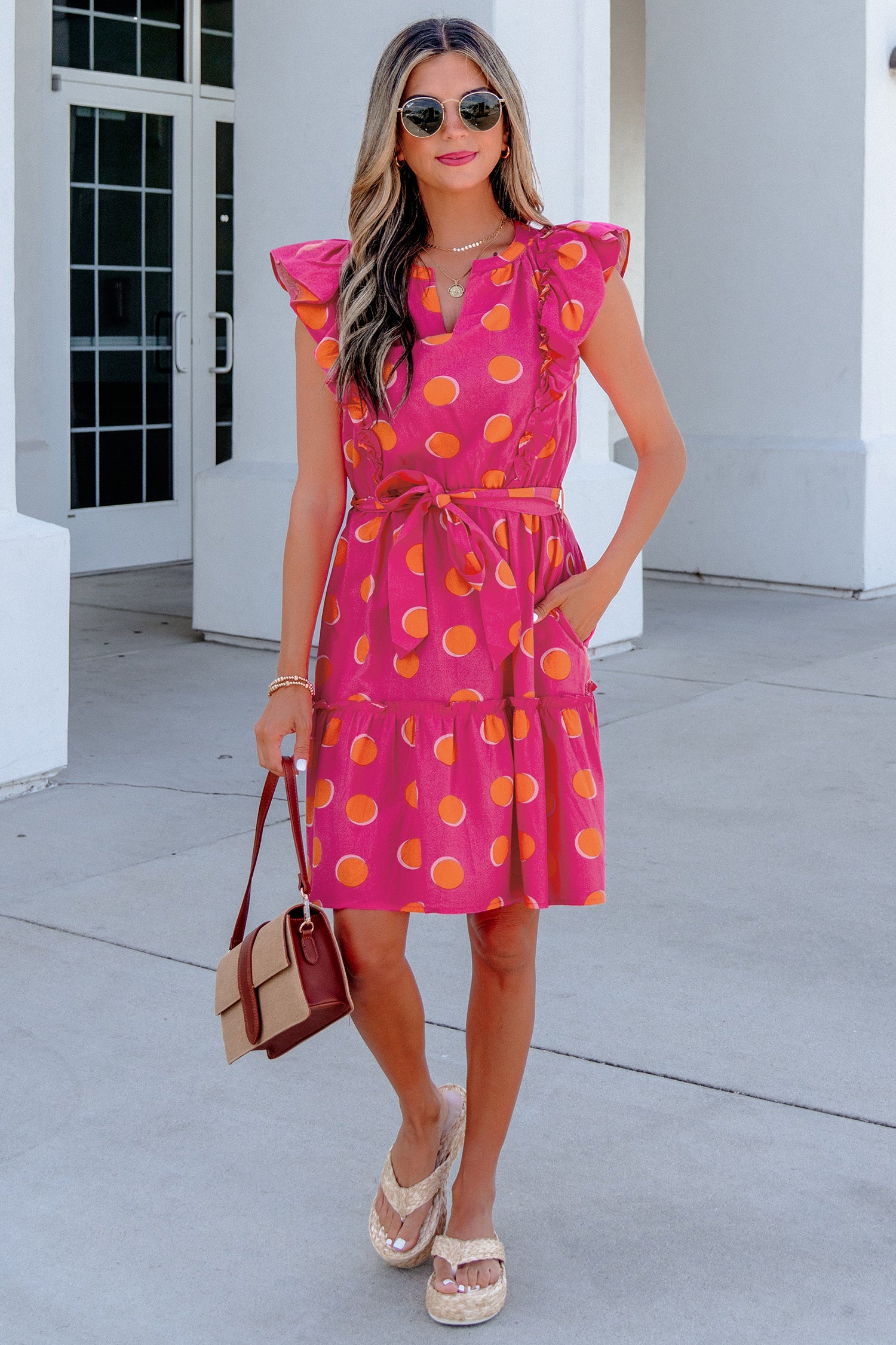 Rose Double Polka Dot V Neck Ruffled Short Sleeve Dress-TOPS / DRESSES-[Adult]-[Female]-2022 Online Blue Zone Planet