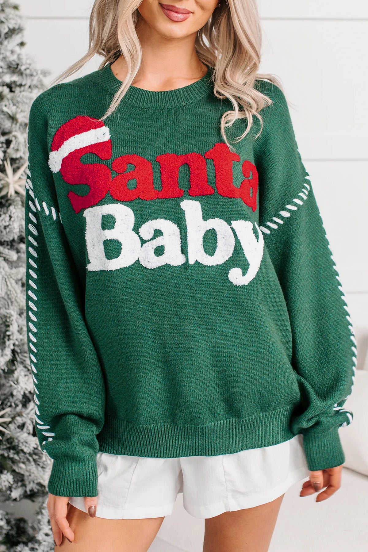 Evergreen Santa Baby Towel Embroidery Christmas Slogan Pullover Sweater