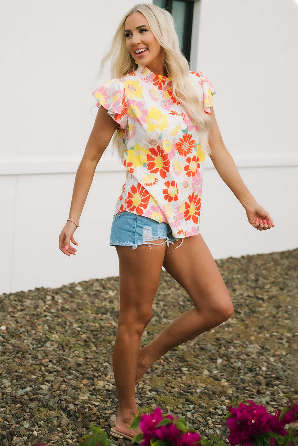 Multicolor Stand Collar Flutter Sleeves Floral Top-Sale (50% OFF)/30% OFF-[Adult]-[Female]-2022 Online Blue Zone Planet
