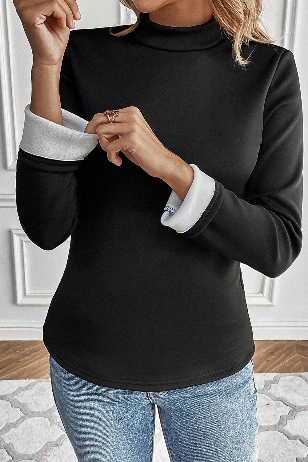 Black Mock Neck Thermal Lined Long Sleeve Tee-Tops/Long Sleeve Tops-[Adult]-[Female]-2022 Online Blue Zone Planet