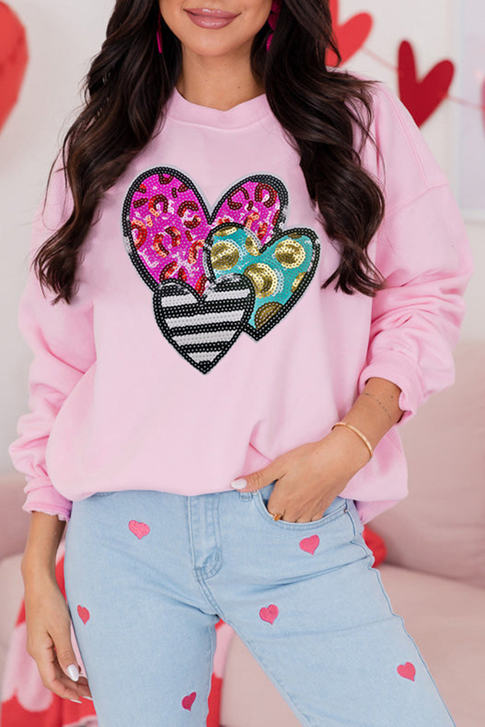 Pink Leopard Heart Patched Graphic Valentines Pullover Sweatshirt-Graphic Sweatshirts-[Adult]-[Female]-Pink-S-2022 Online Blue Zone Planet