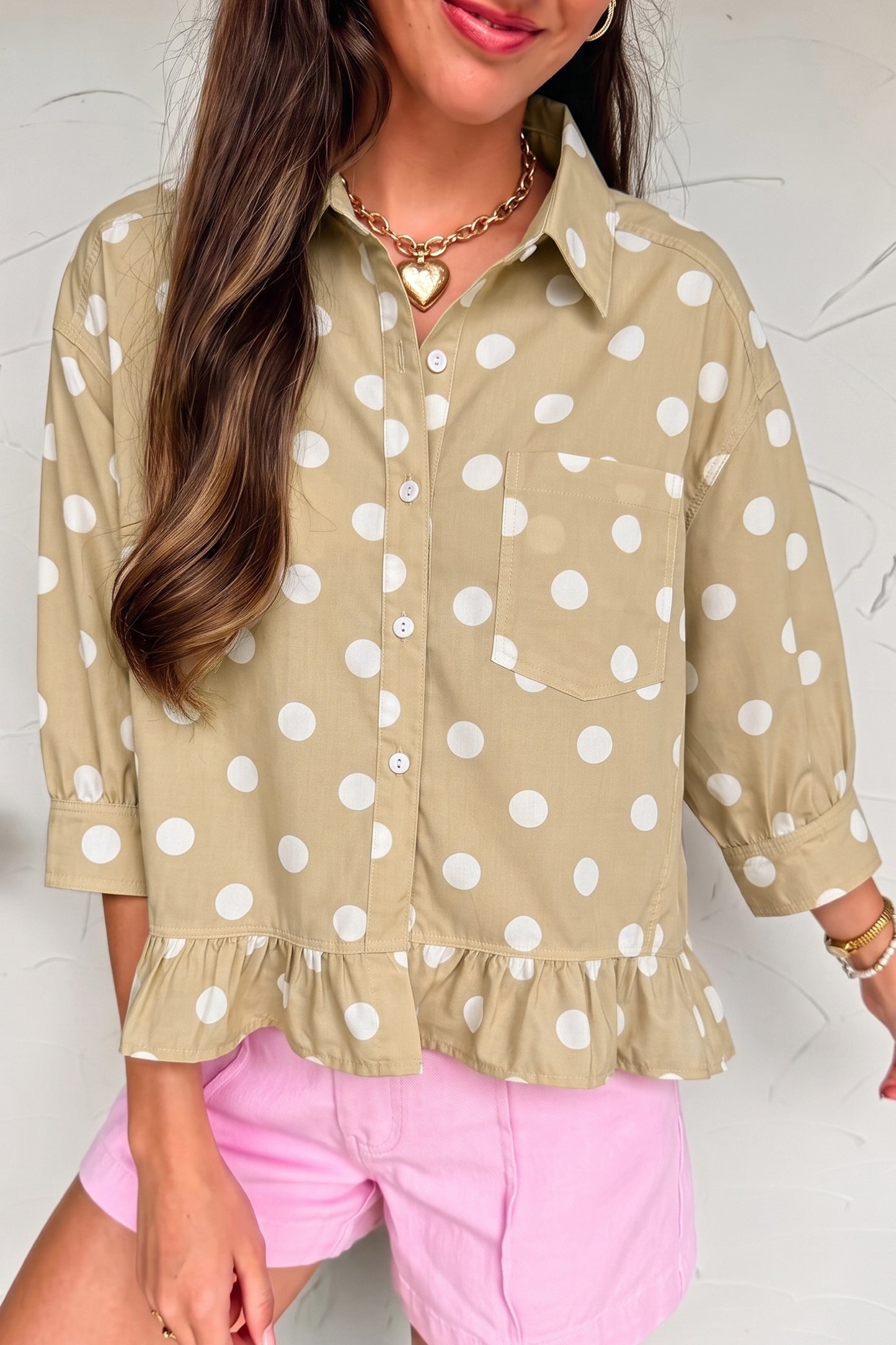 Khaki Polka Dot Print Three Quarter Sleeve Ruffle Hem Casual Shirt-Tops/Blouses & Shirts-[Adult]-[Female]-2022 Online Blue Zone Planet