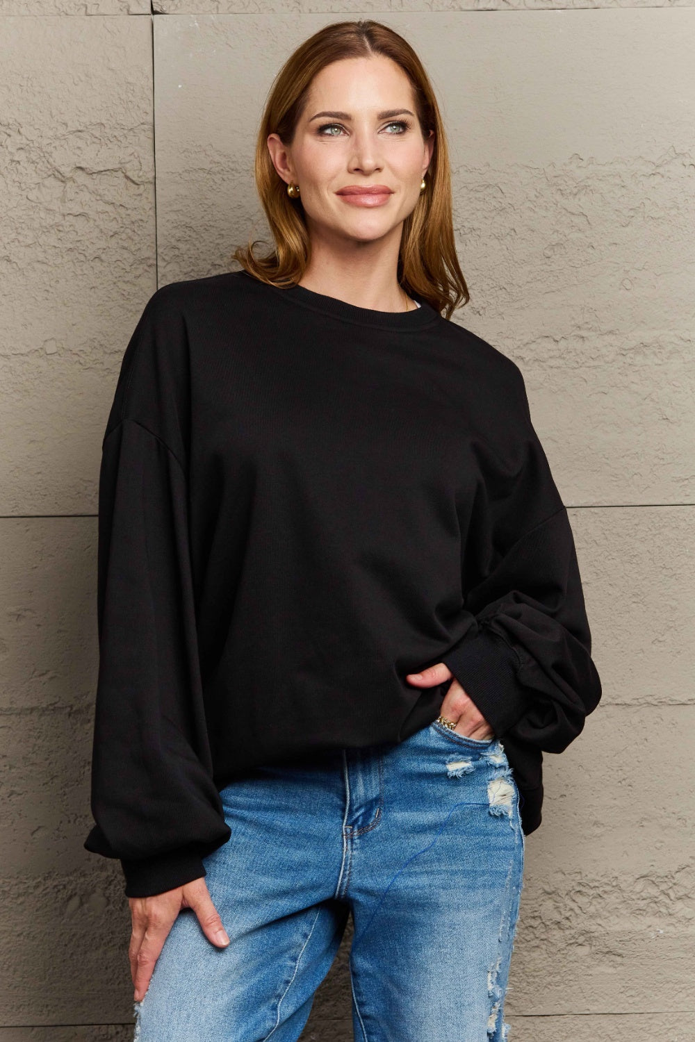 Full Size Round Neck Long Sleeve Sweatshirt-TOPS / DRESSES-[Adult]-[Female]-Black-S-2022 Online Blue Zone Planet