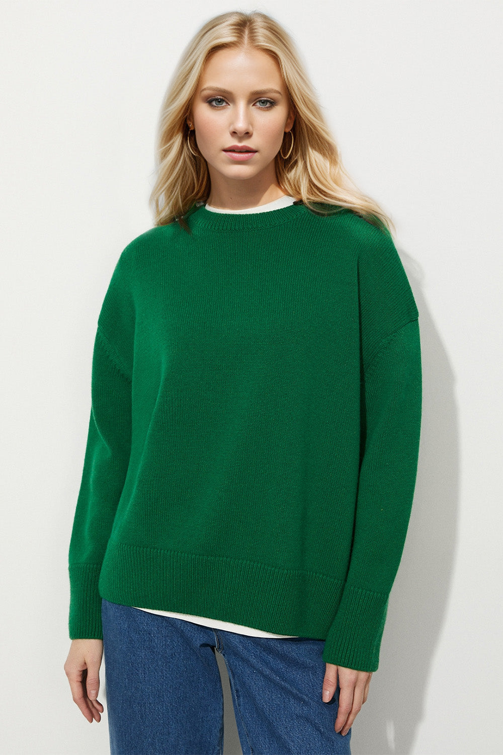 Basic Bae Round Neck Dropped Shoulder Long Sleeve Sweater-TOPS / DRESSES-[Adult]-[Female]-Dark Green-One Size-2022 Online Blue Zone Planet