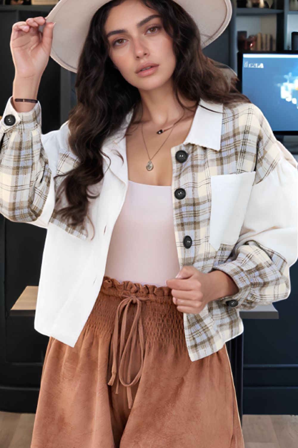 Corduroy Plaid Button Up Drop Shoulder Shacket-TOPS / DRESSES-[Adult]-[Female]-White-S-2022 Online Blue Zone Planet