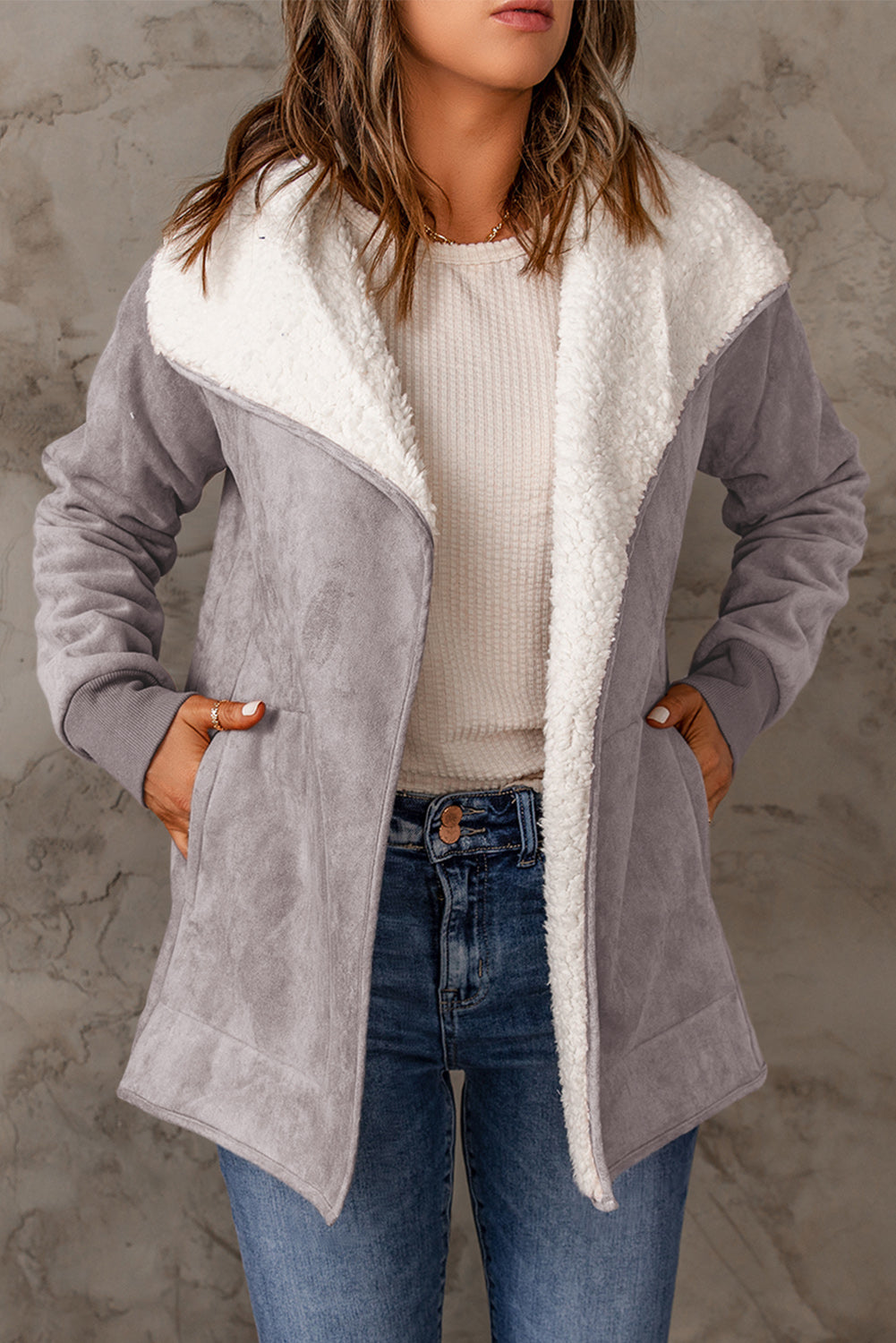 Open Front Long Sleeve Sherpa Jacket-TOPS / DRESSES-[Adult]-[Female]-2022 Online Blue Zone Planet