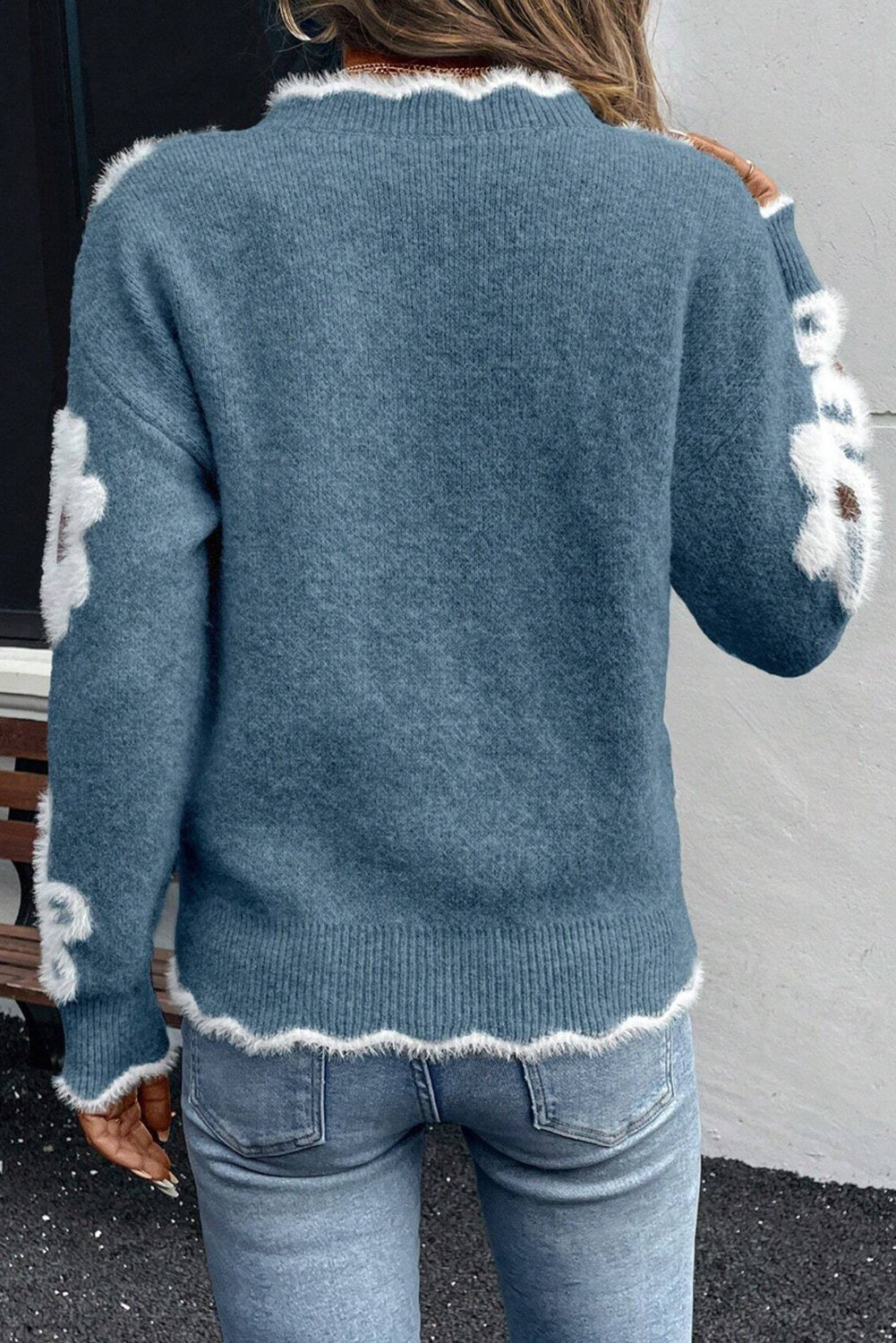 Dusk Blue Plush Flower Pattern Scalloped Trim V Neck Sweater-TOPS / DRESSES-[Adult]-[Female]-2022 Online Blue Zone Planet