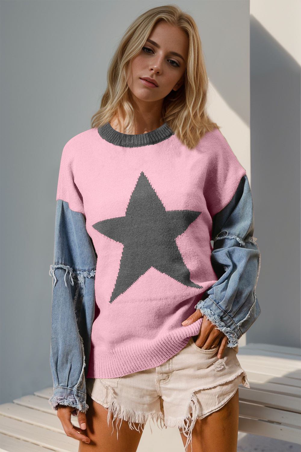 Blue Zone Planet | Double Take Full Size Star Pattern Raw Edge Long Sleeve Sweater-TOPS / DRESSES-[Adult]-[Female]-Blush Pink-S/M-2022 Online Blue Zone Planet