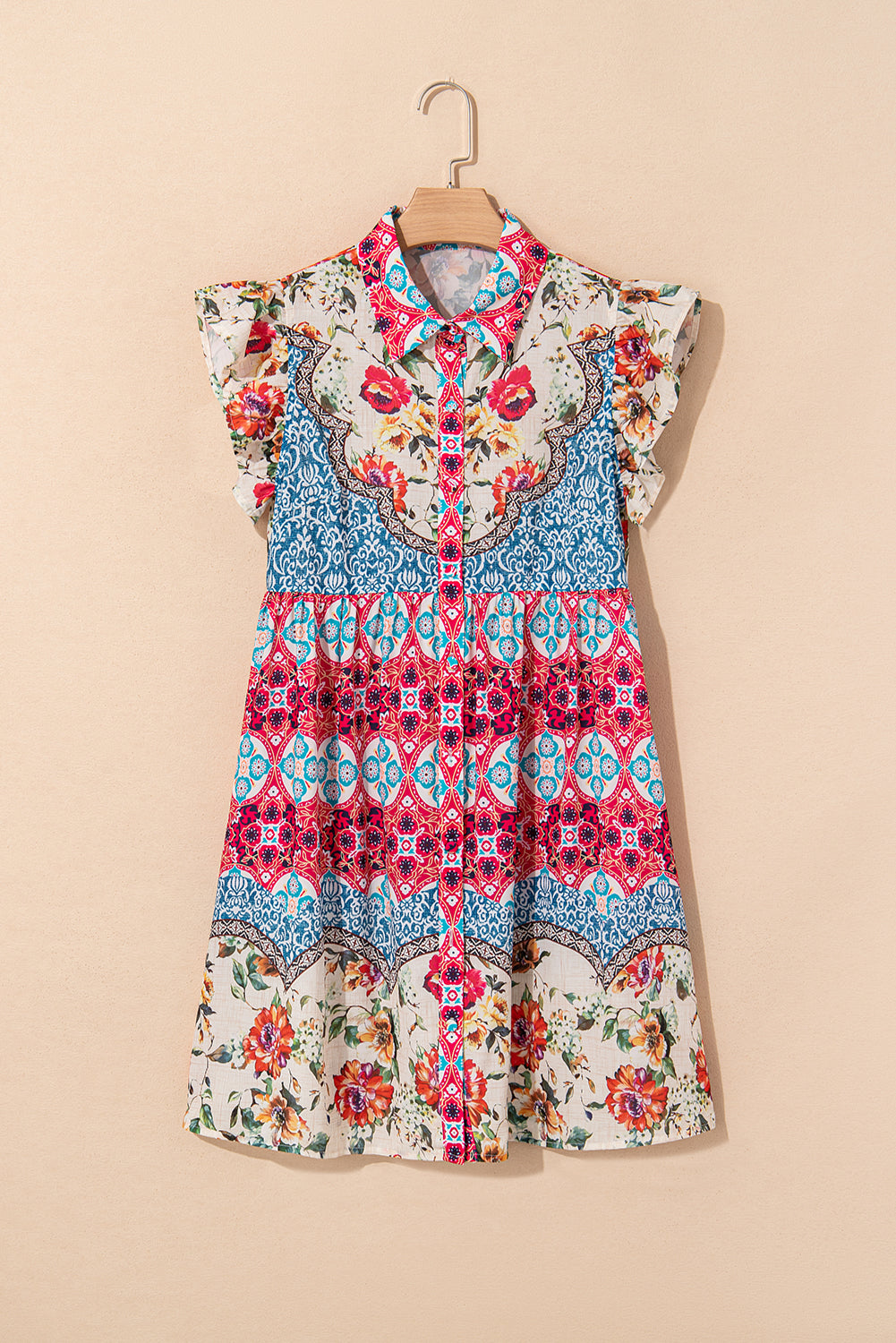 Rose Floral Mixed Pattern Ruffle Flutter Sleeve Buttoned Dress-TOPS / DRESSES-[Adult]-[Female]-2022 Online Blue Zone Planet