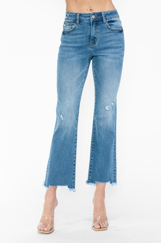 Blue Zone Planet | bytos Raw Hem Distressed Mid Rise Crop Jeans-BOTTOMS SIZES SMALL MEDIUM LARGE-[Adult]-[Female]-Medium-1(25)-2022 Online Blue Zone Planet