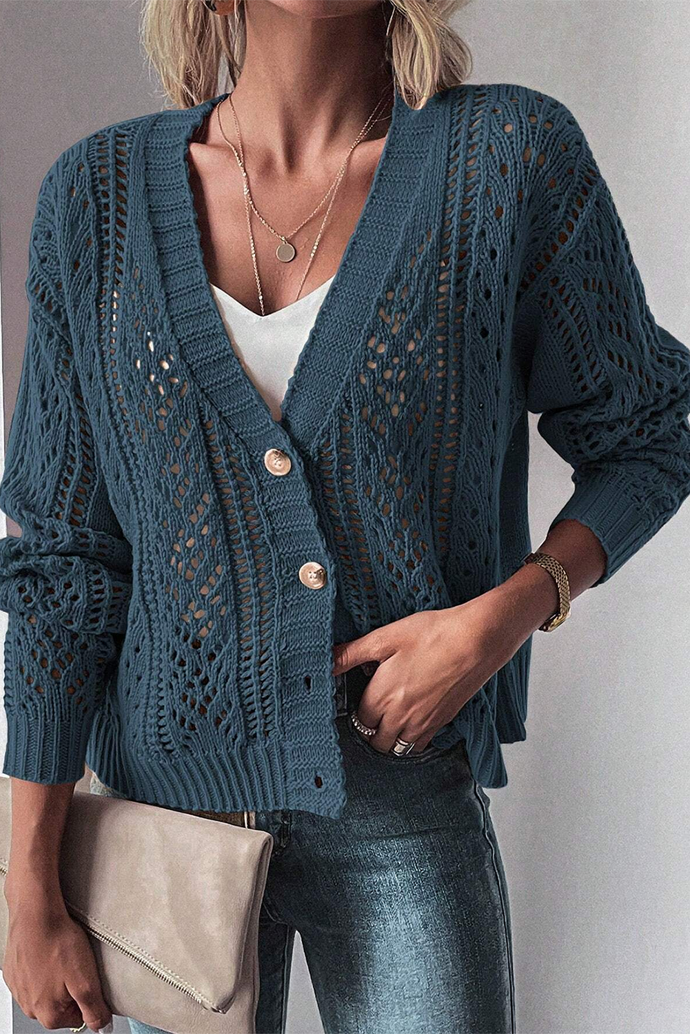 Blue Zone Planet | Green Hollow Knit Drop Shoulder Cardigan-Cardigans-[Adult]-[Female]-2022 Online Blue Zone Planet