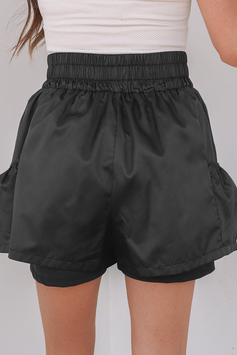 Black Elastic High Waist Pocketed Casual Shorts-Bottoms/Casual Shorts-[Adult]-[Female]-2022 Online Blue Zone Planet
