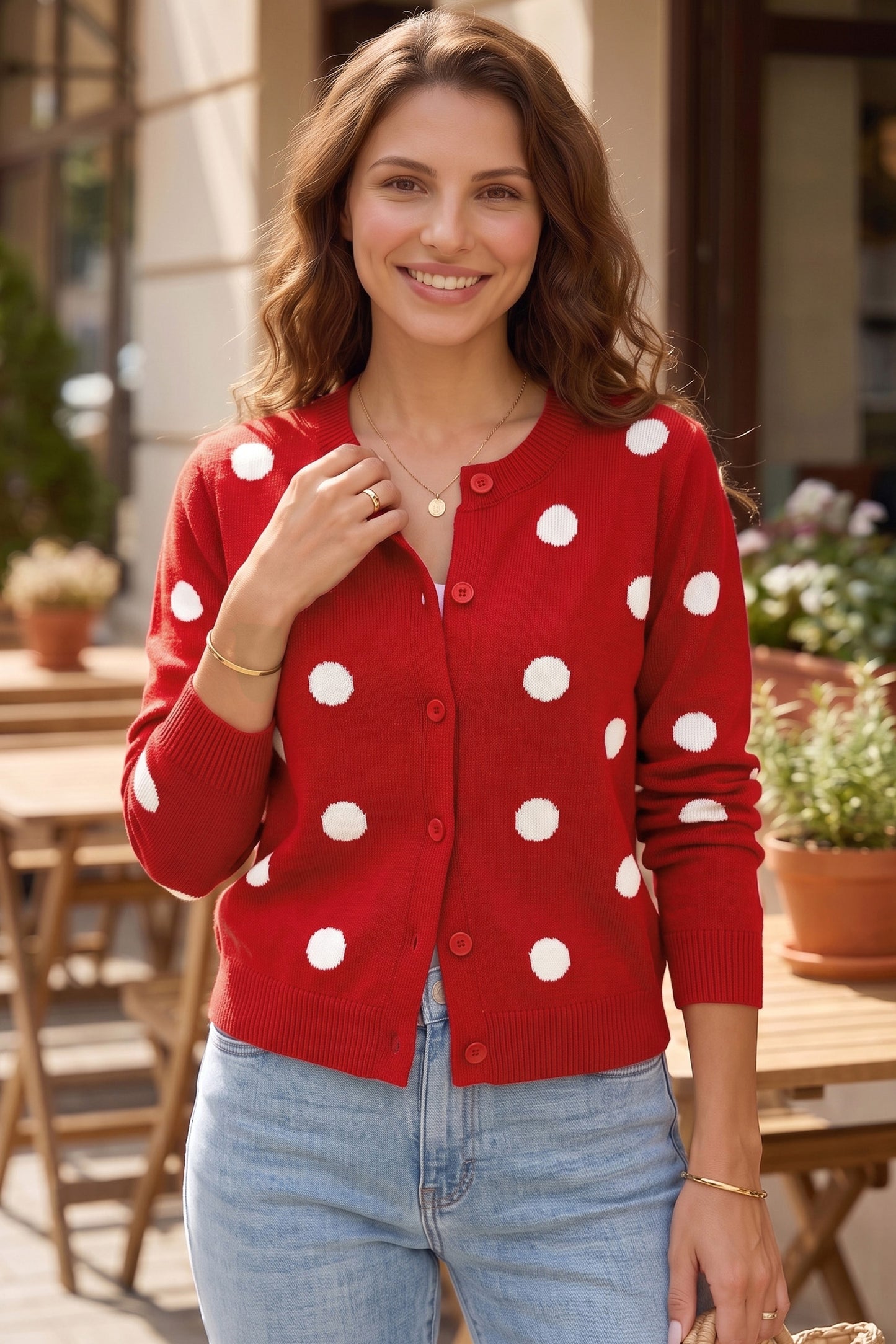 Bluing Casual Polka Dot Button Front Long Sleeve Sweater Cardigan