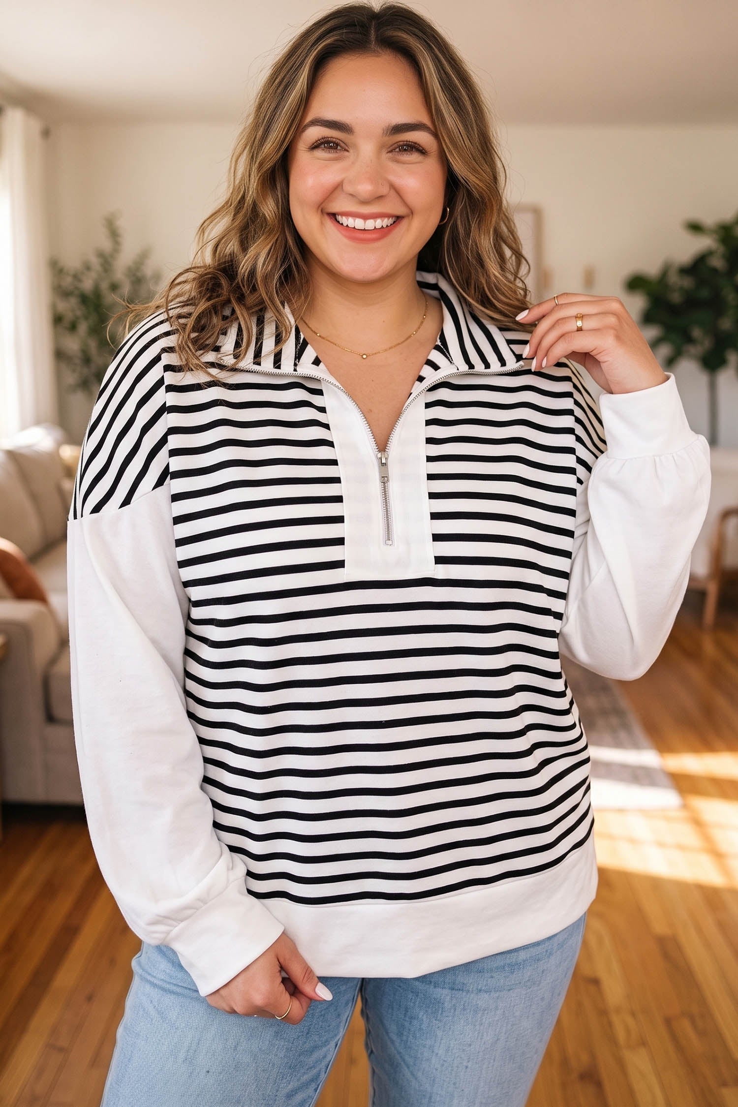 White Stripe Striped Colorblock V Neck Long Sleeve Shift Plus Size Blouse-Plus Size/Plus Size Tops/Plus Size Long Sleeve Tops-[Adult]-[Female]-2022 Online Blue Zone Planet
