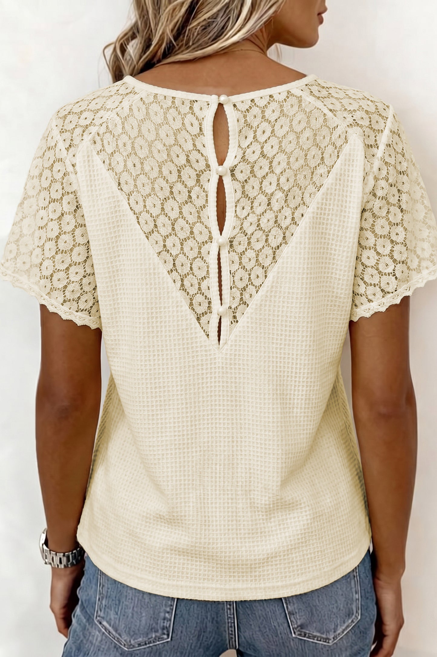 Beige Lace Splicing Button Cutout V Neck Waffle Knit Blouse-Tops/Blouses & Shirts-[Adult]-[Female]-2022 Online Blue Zone Planet