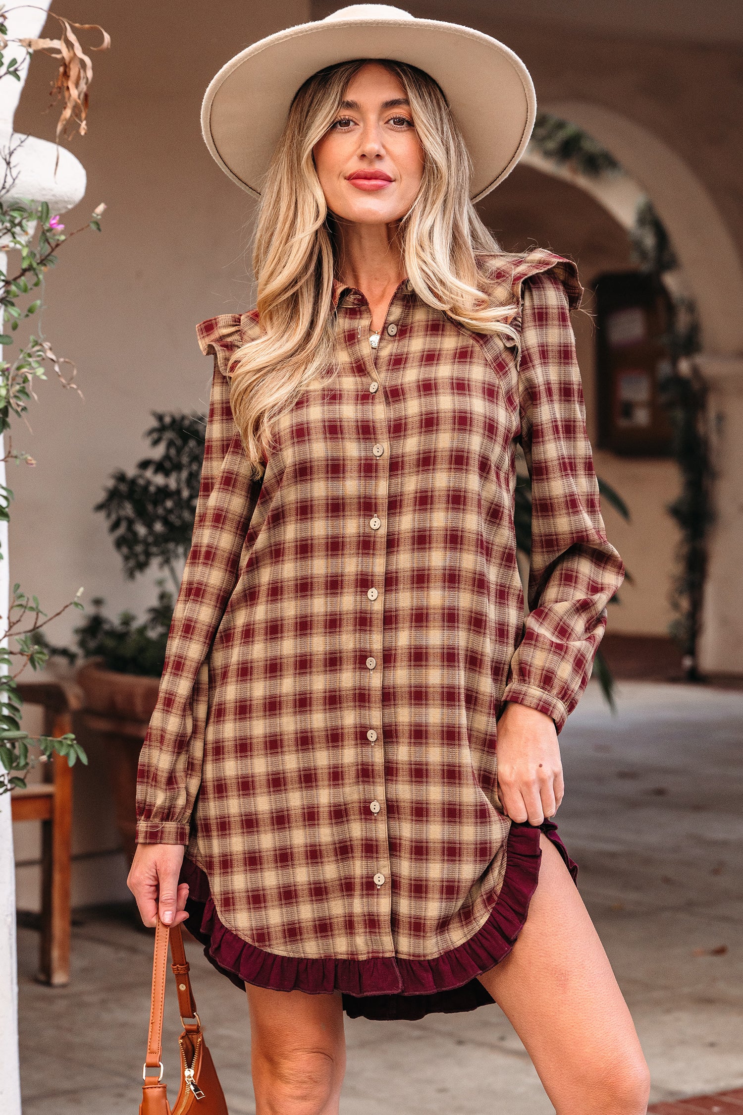 Red Plaid Print Ruffled Long Sleeve Patchwork Hem Mini Shirt Dress-TOPS / DRESSES-[Adult]-[Female]-2022 Online Blue Zone Planet