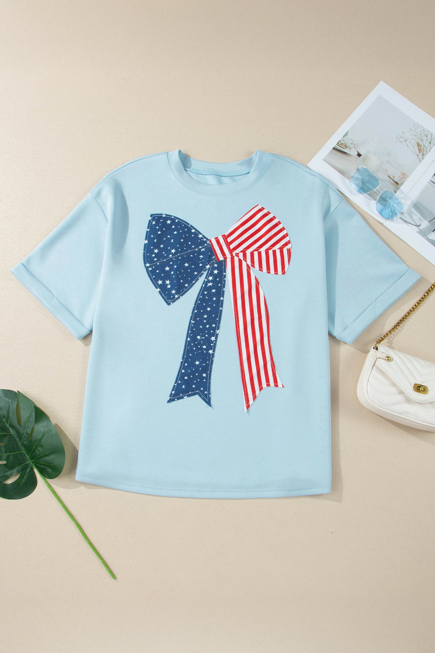 Beau Blue Plus Size Patriotic Bow Patchwork Graphic T-Shirt-Plus Size/Plus Size Tops/Plus Size Tops & Tees-[Adult]-[Female]-2022 Online Blue Zone Planet