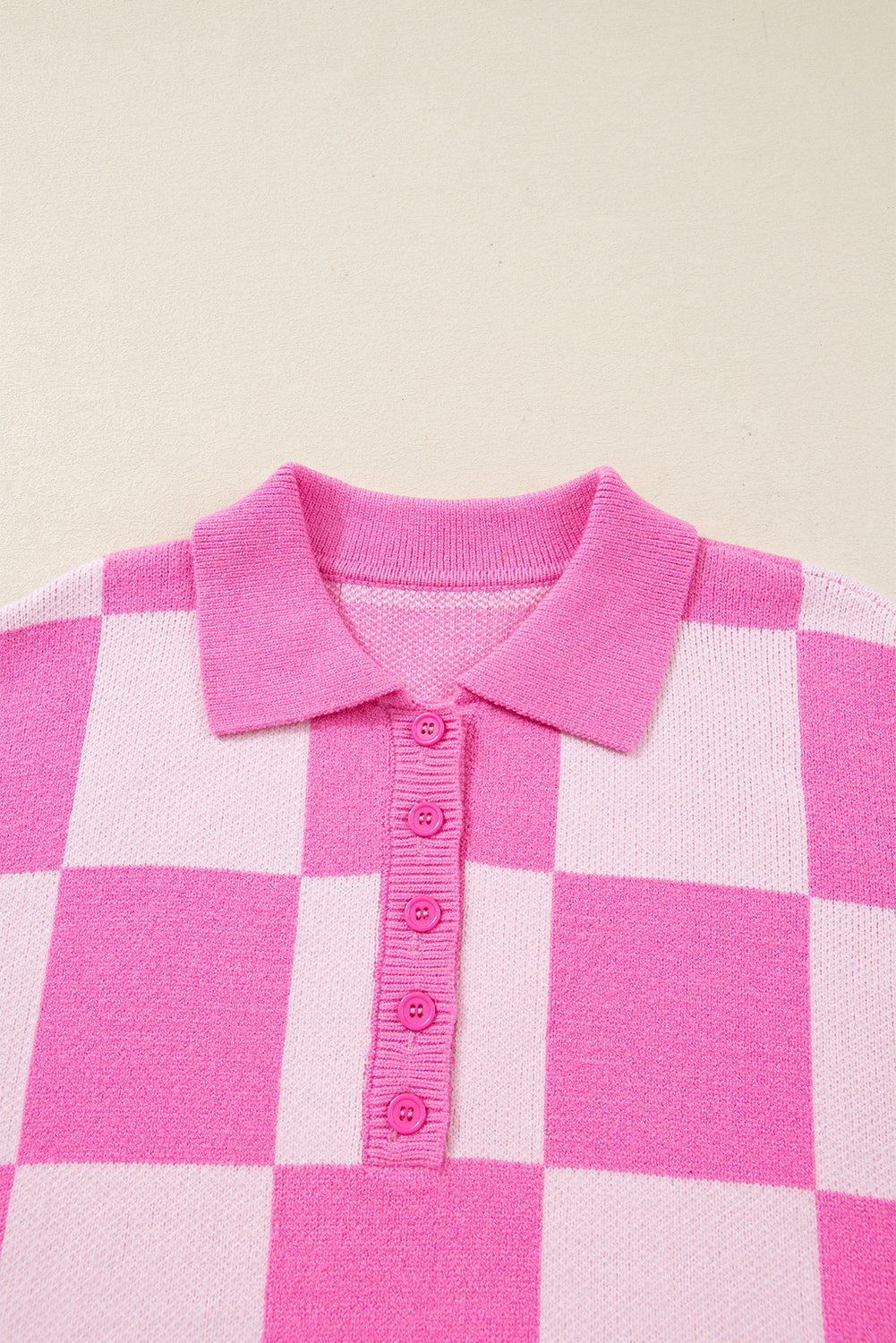 Pink Plus Size Checkered Collared Half Button Sweater-TOPS / DRESSES-[Adult]-[Female]-2022 Online Blue Zone Planet