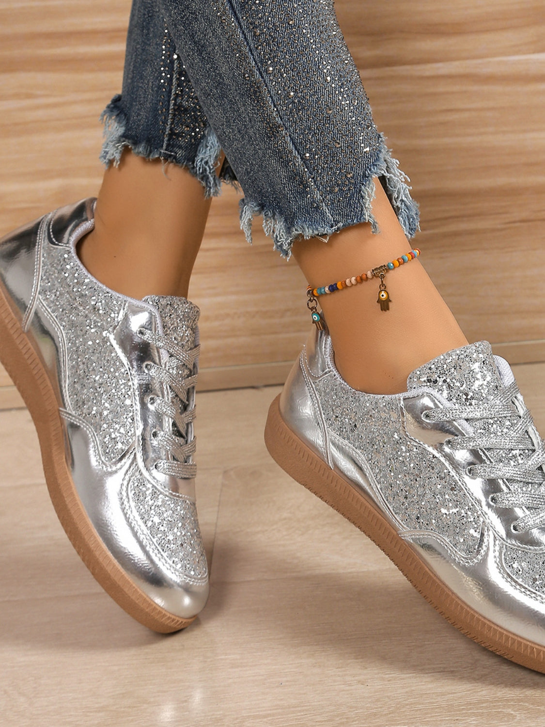 Sequin PU Leather Flat Sneakers-SHOES-[Adult]-[Female]-2022 Online Blue Zone Planet