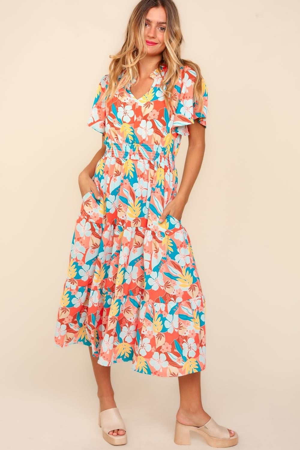 Haptics Full Size Tropical Floral Tiered Dress with Side Pockets-TOPS / DRESSES-[Adult]-[Female]-Coral/Teal/Light Blue-S-2022 Online Blue Zone Planet