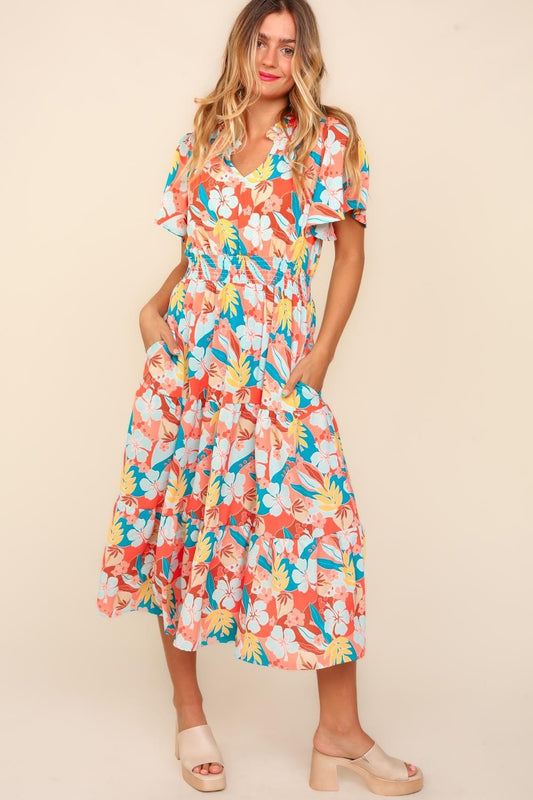 Haptics Full Size Tropical Floral Tiered Dress with Side Pockets-TOPS / DRESSES-[Adult]-[Female]-Coral/Teal/Light Blue-S-2022 Online Blue Zone Planet