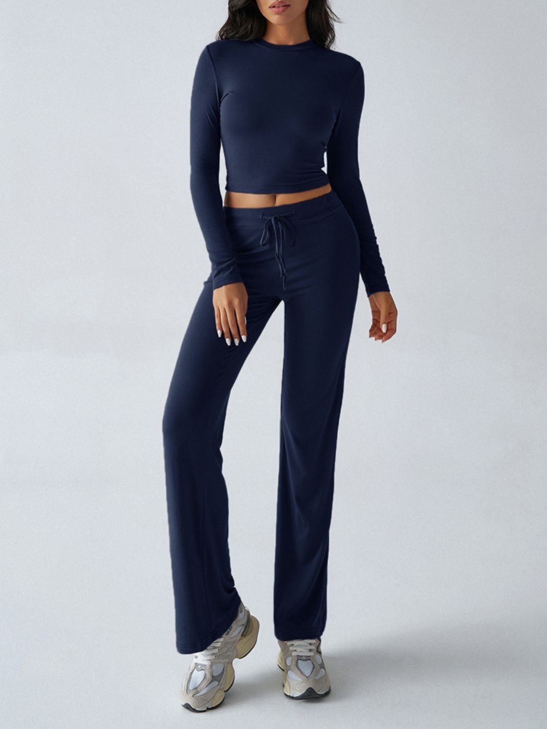 Blue Zone Planet | Devine Round Neck Long Sleeve Top and Drawstring Pants Set-TOPS / DRESSES-[Adult]-[Female]-2022 Online Blue Zone Planet