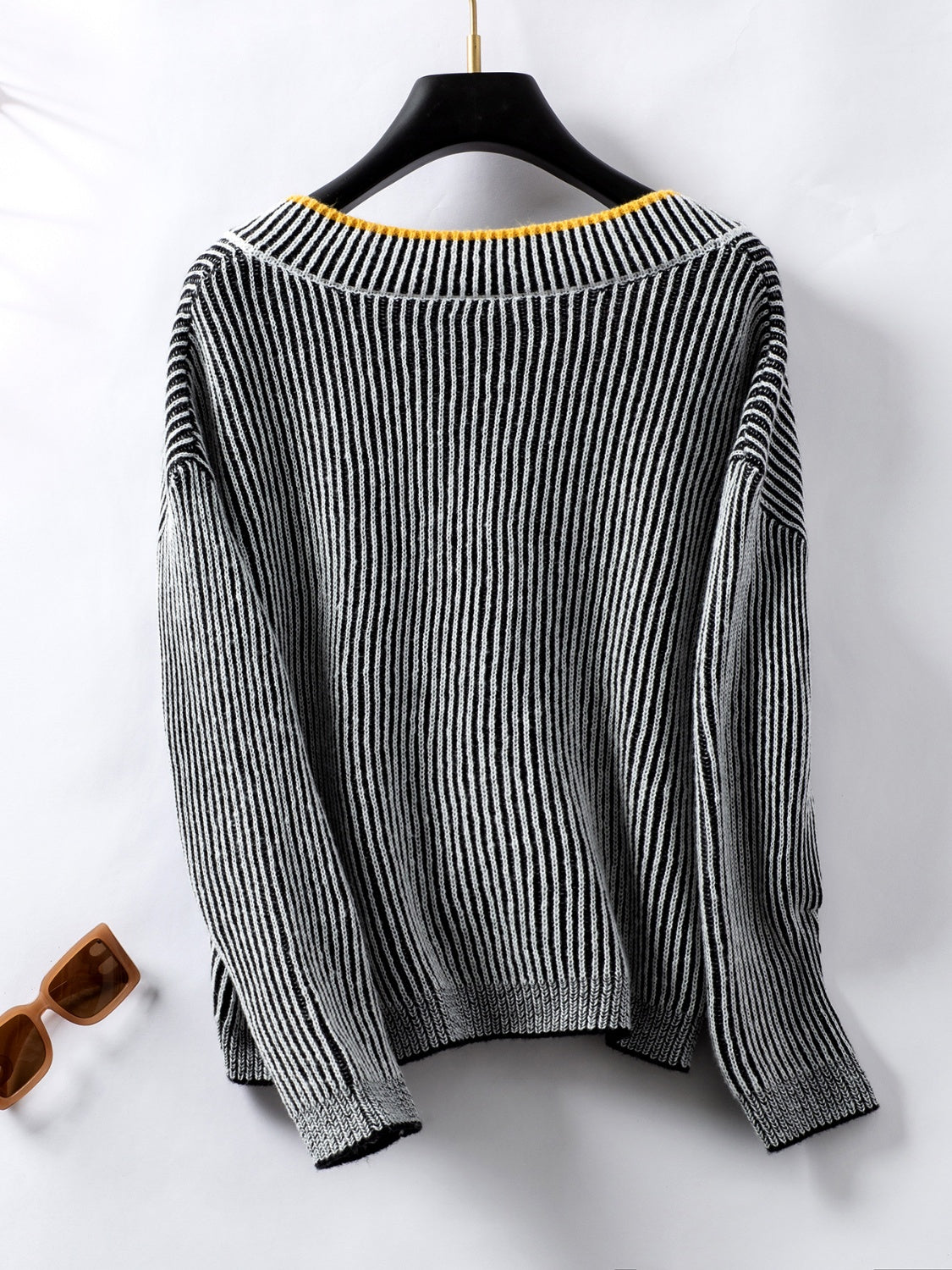 Blue Zone Planet | Striped V-Neck Long Sleeve Sweater-TOPS / DRESSES-[Adult]-[Female]-2022 Online Blue Zone Planet