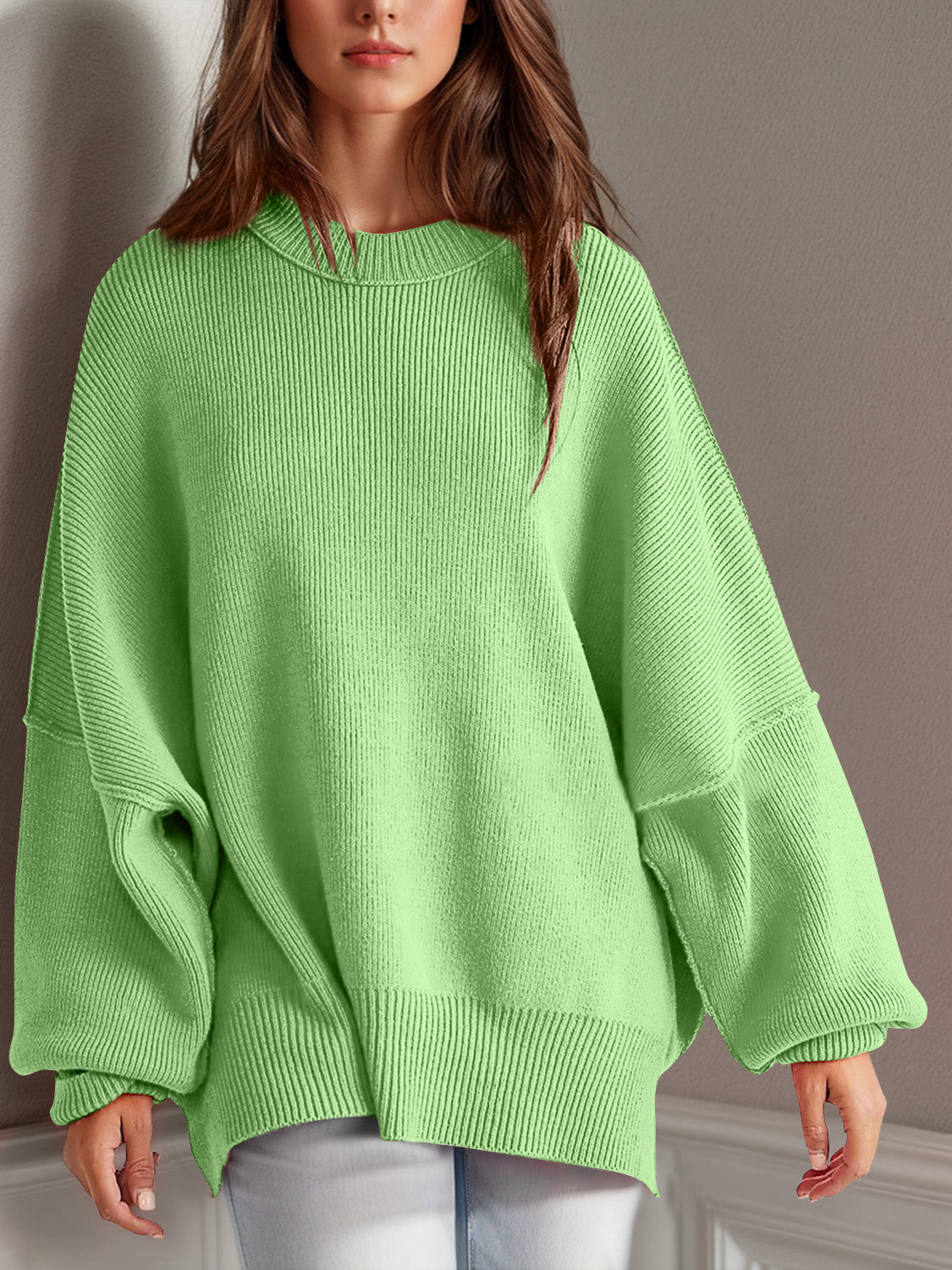 Blue Zone Planet | Double Take Side Slit Round Neck Long Sleeve Sweater-TOPS / DRESSES-[Adult]-[Female]-Lime-S-2022 Online Blue Zone Planet