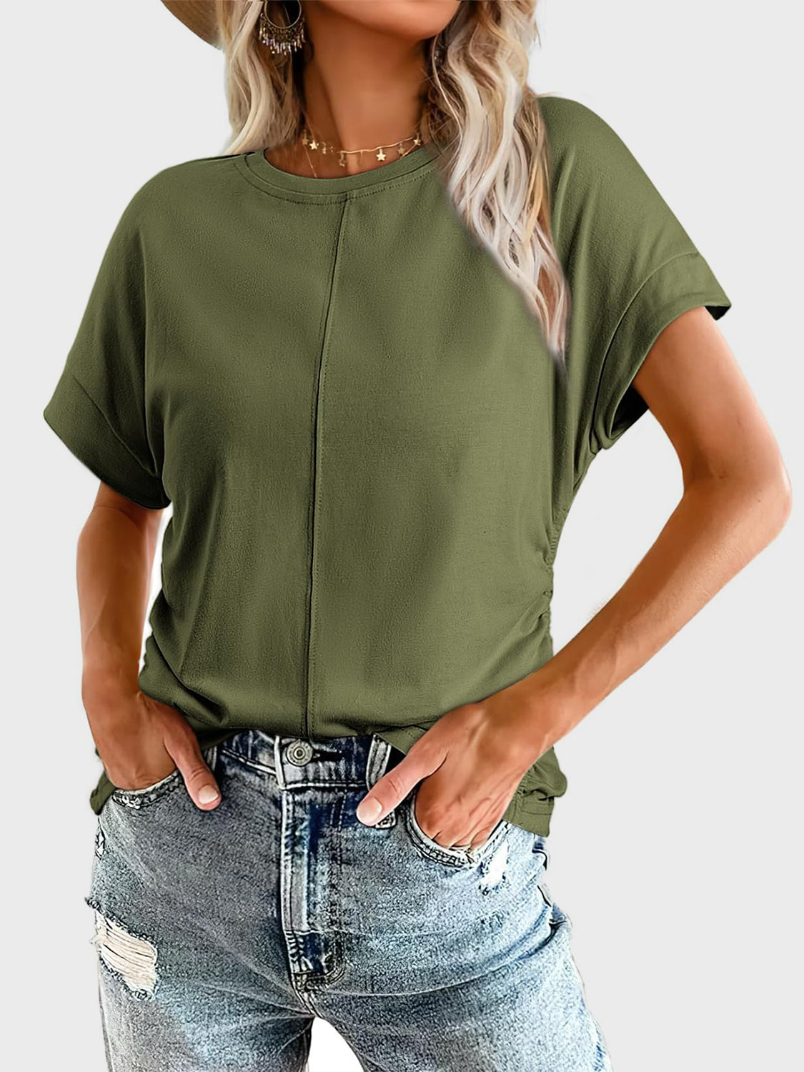 Ruched Round Neck Short Sleeve T-Shirt-TOPS / DRESSES-[Adult]-[Female]-2022 Online Blue Zone Planet