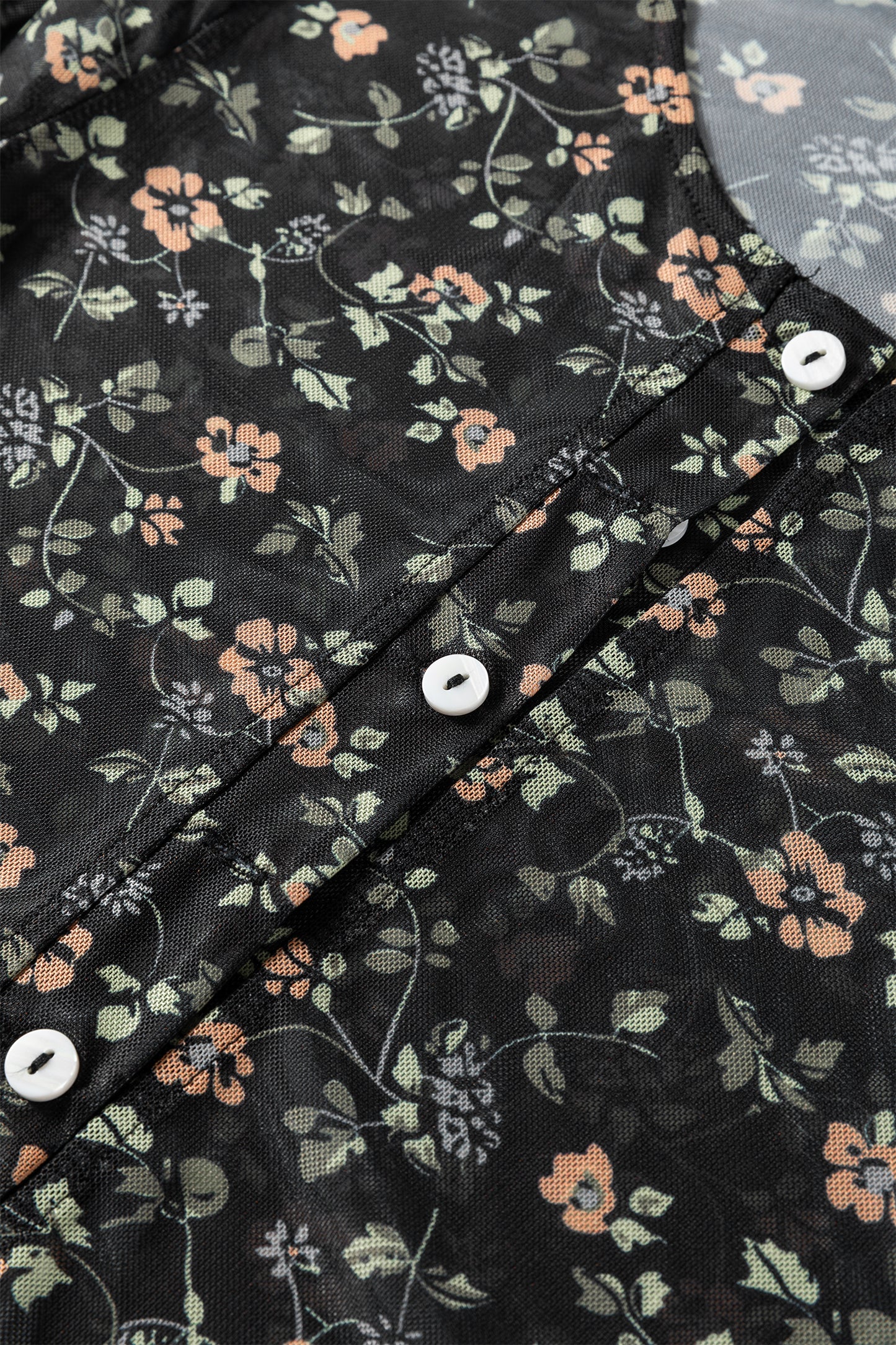 Black Floral Print Mesh Tank Button Front Slim Cardigan 2pcs Set-Tops/Long Sleeve Tops-[Adult]-[Female]-2022 Online Blue Zone Planet