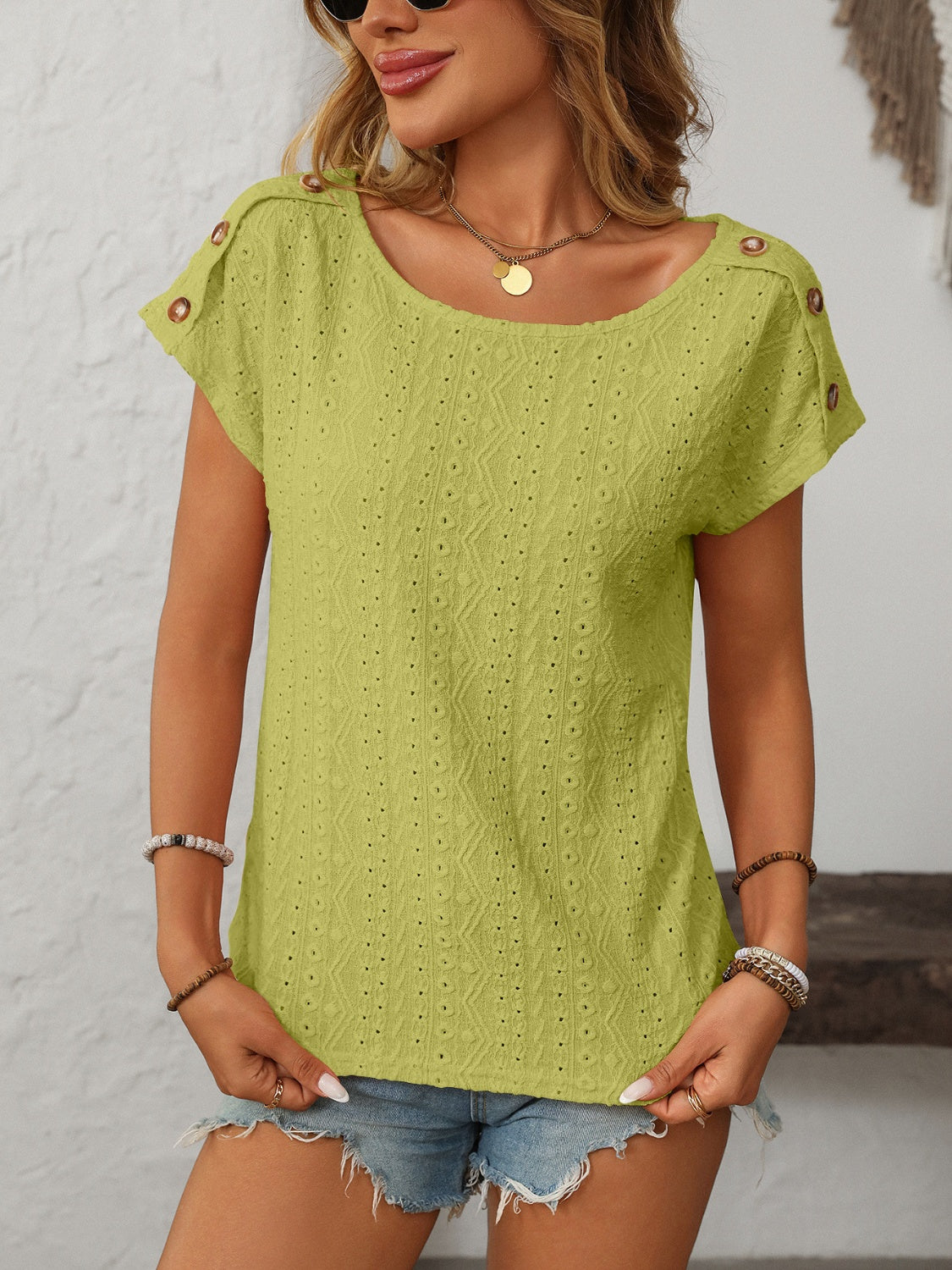 Mandy Eyelet Round Neck Short Sleeve Top-TOPS / DRESSES-[Adult]-[Female]-Yellow-Green-S-2022 Online Blue Zone Planet