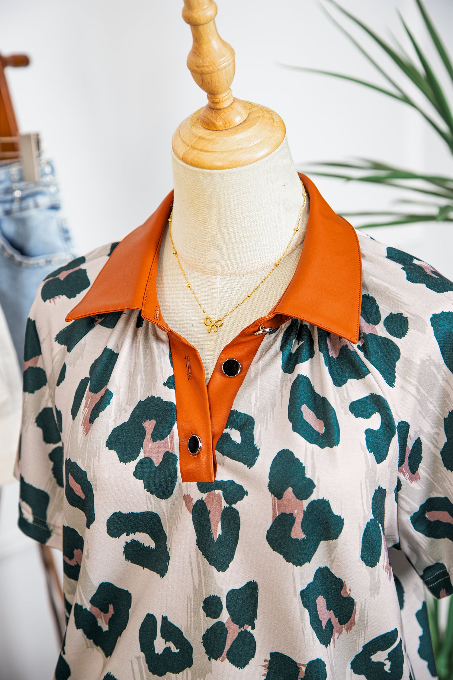 Casual Unique Leopard Print Button Contrast Collared Short Sleeve Blouse-Tops/Blouses & Shirts-[Adult]-[Female]-2022 Online Blue Zone Planet