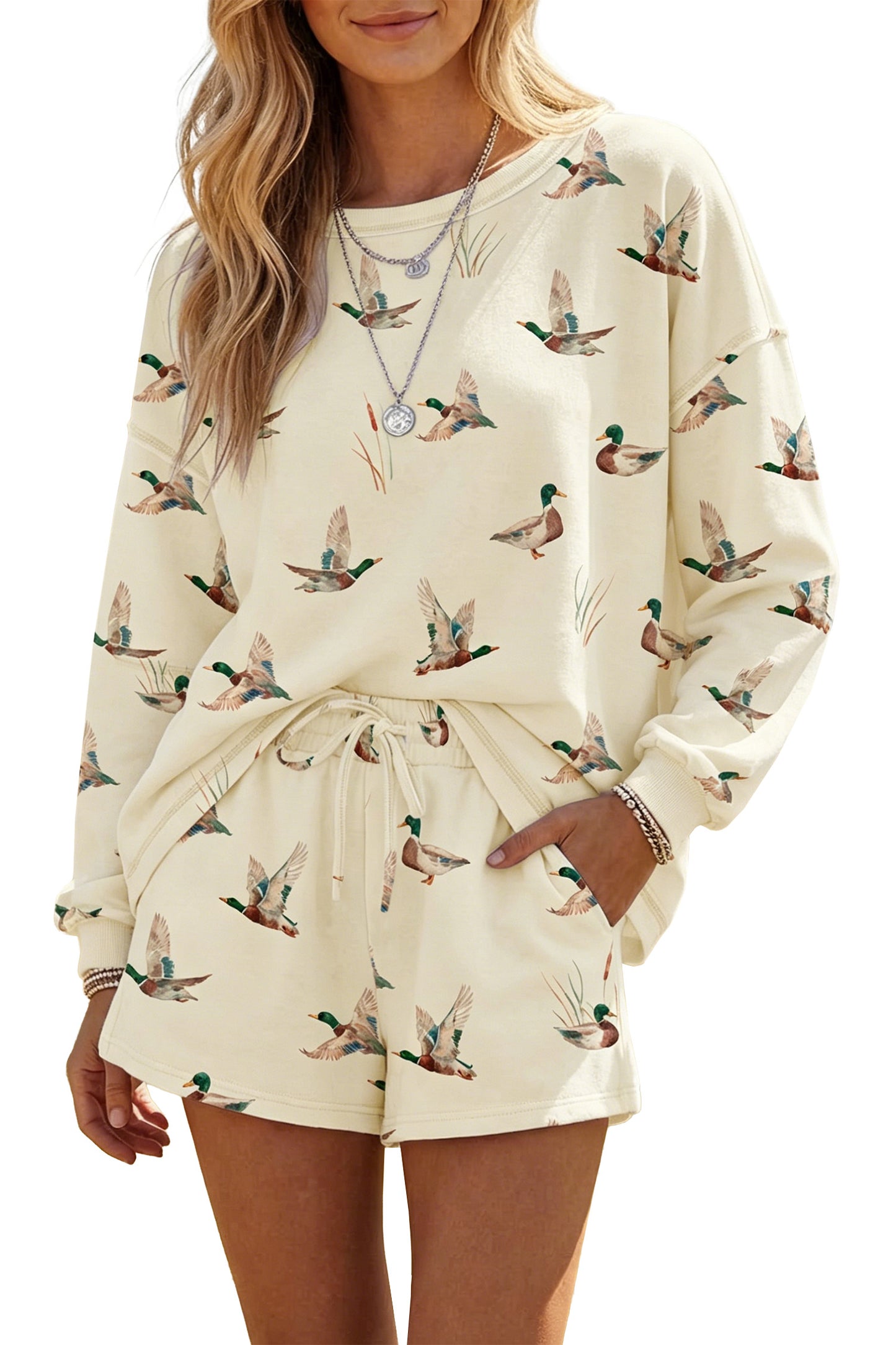 Beige Free Mallard Print Long Sleeve Top Drawstring Short Set-Two Piece Sets/Short Sets-[Adult]-[Female]-2022 Online Blue Zone Planet
