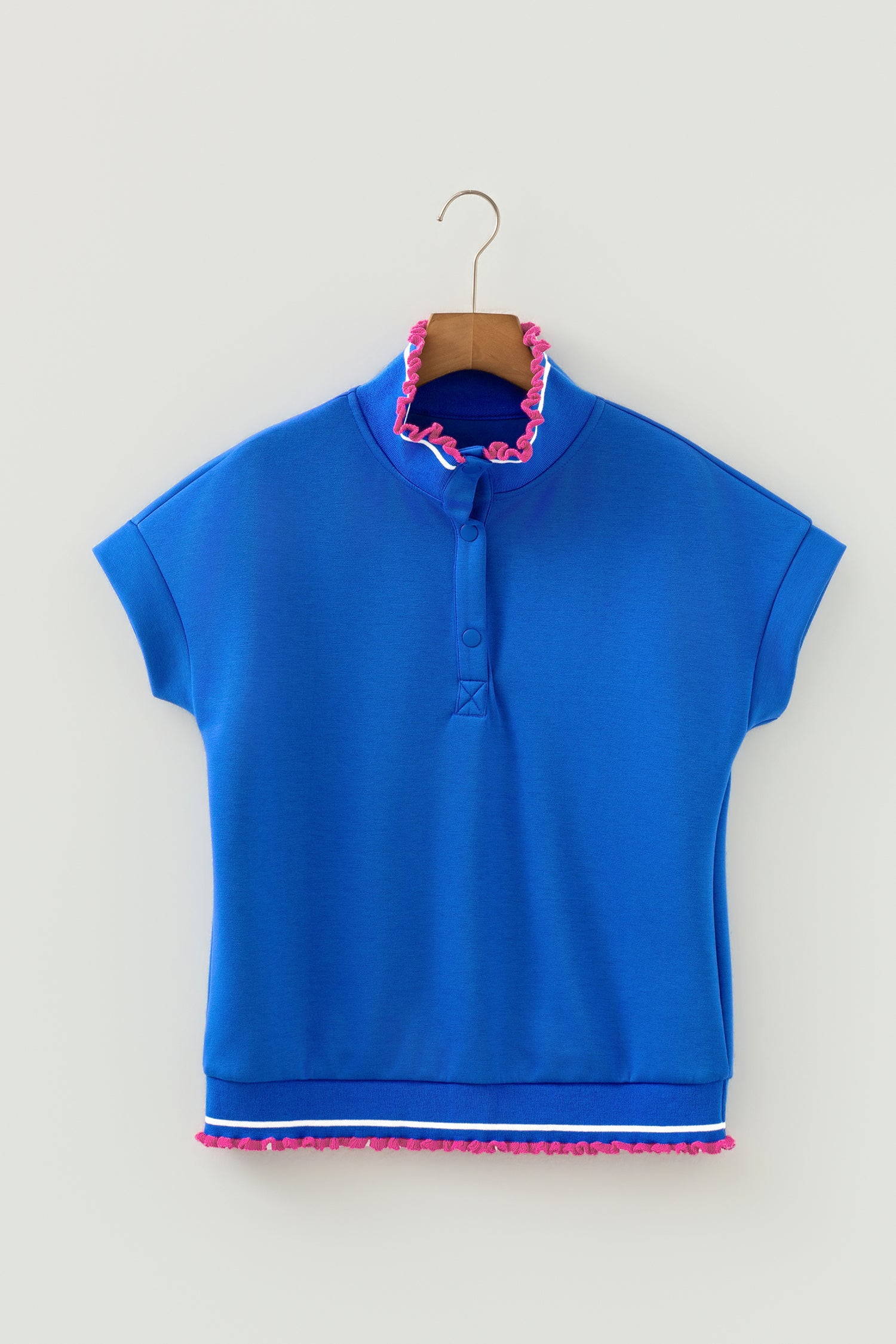 Sky Blue Contrast Frilled Trim Button Collared Short Sleeve Knit Top-Tops/Tops & Tees-[Adult]-[Female]-2022 Online Blue Zone Planet