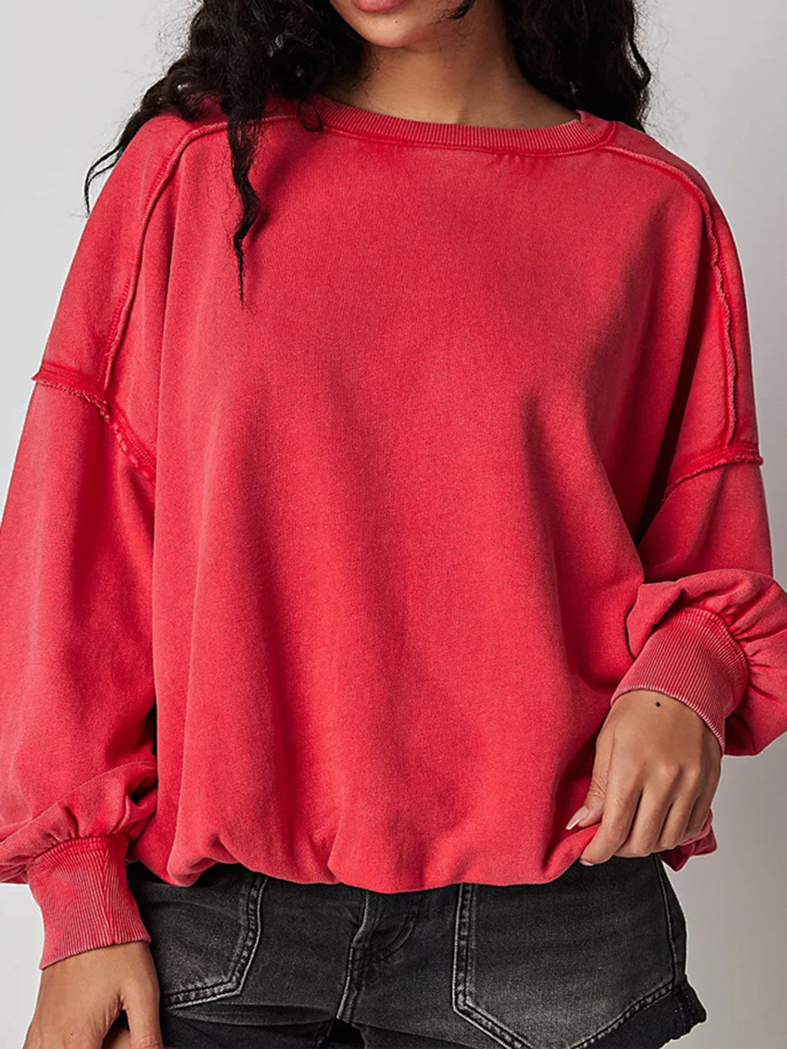 Exposed Seam Round Neck Long Sleeve Sweatshirt-TOPS / DRESSES-[Adult]-[Female]-Strawberry-S-2022 Online Blue Zone Planet