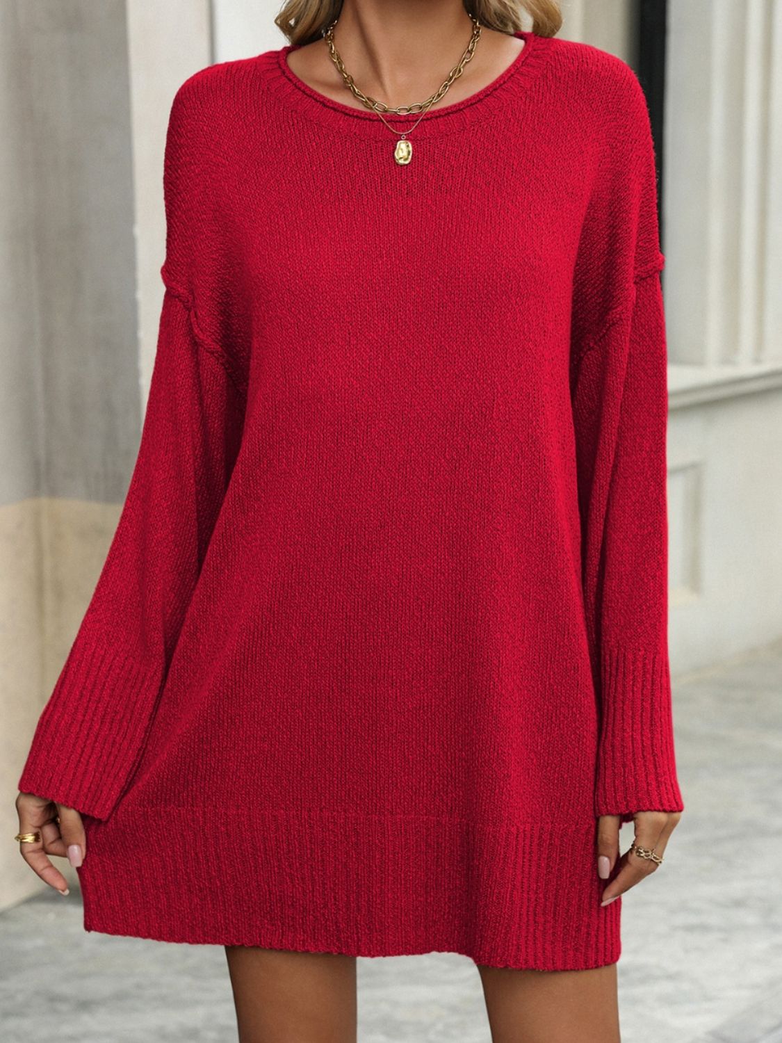 Round Neck Dropped Shoulder Sweater-TOPS / DRESSES-[Adult]-[Female]-2022 Online Blue Zone Planet