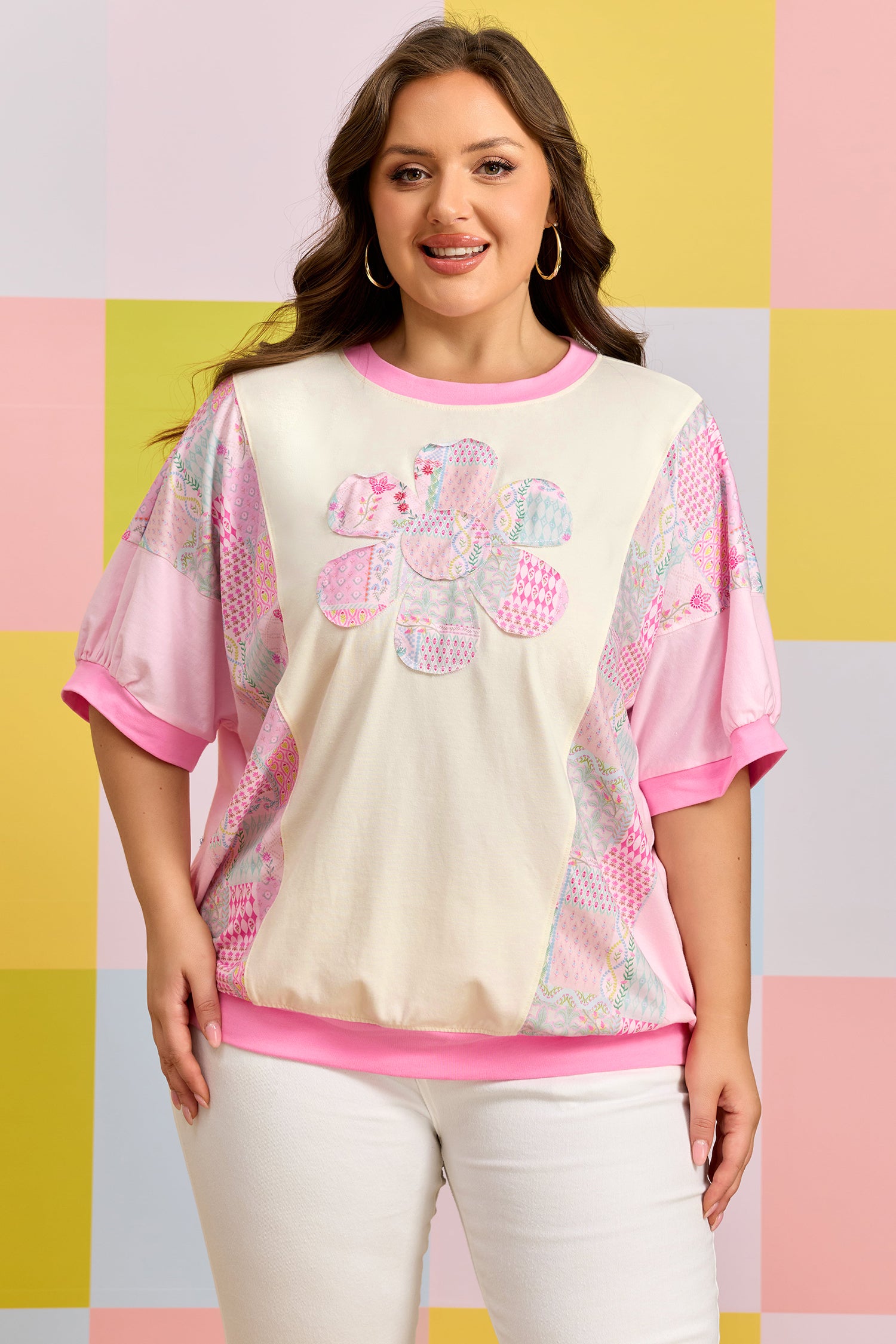 Beige Plus Size Floral Patchwork Short Sleeve Patch Embroidery Cotton T Shirt-Plus Size/Plus Size Tops/Plus Size Tops & Tees-[Adult]-[Female]-2022 Online Blue Zone Planet